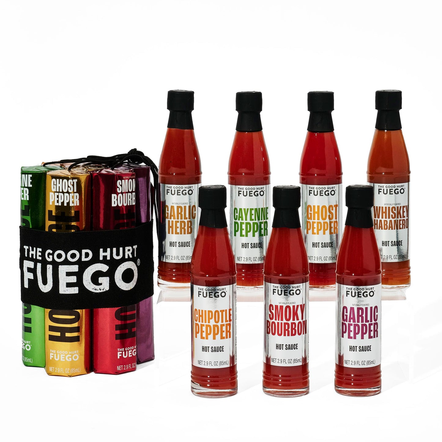 The Good Hurt Fuego, Hot Sauce Sampler Gift Set in Metallic Packaging, Flavors Includes Habanero, Ghost Pepper, Smoky Bourbon, Hot Sauce Variety Pack