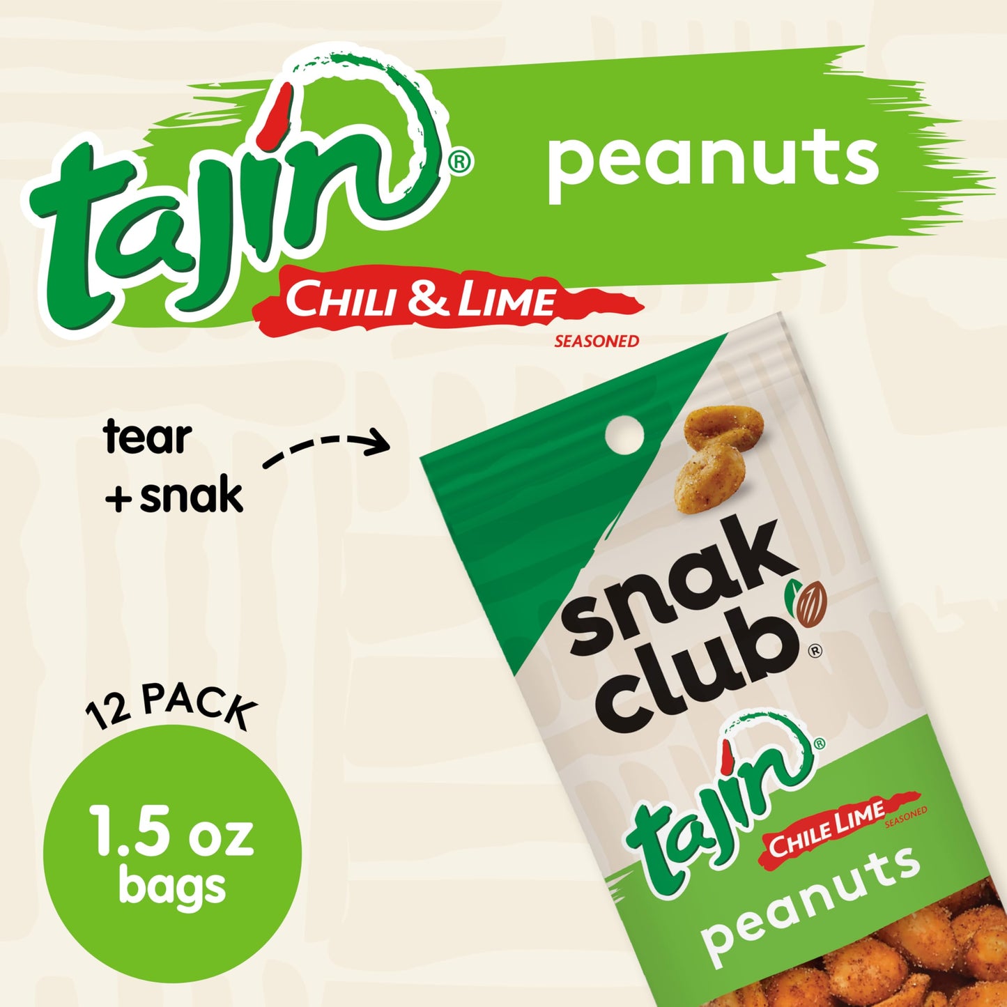 Snak Club Tajin Peanuts, Roasted Nuts with Chili and Lime Seasoning, Mild, Gluten-Free and Kosher Snacks, 1.5 oz Bags, 12 Pack