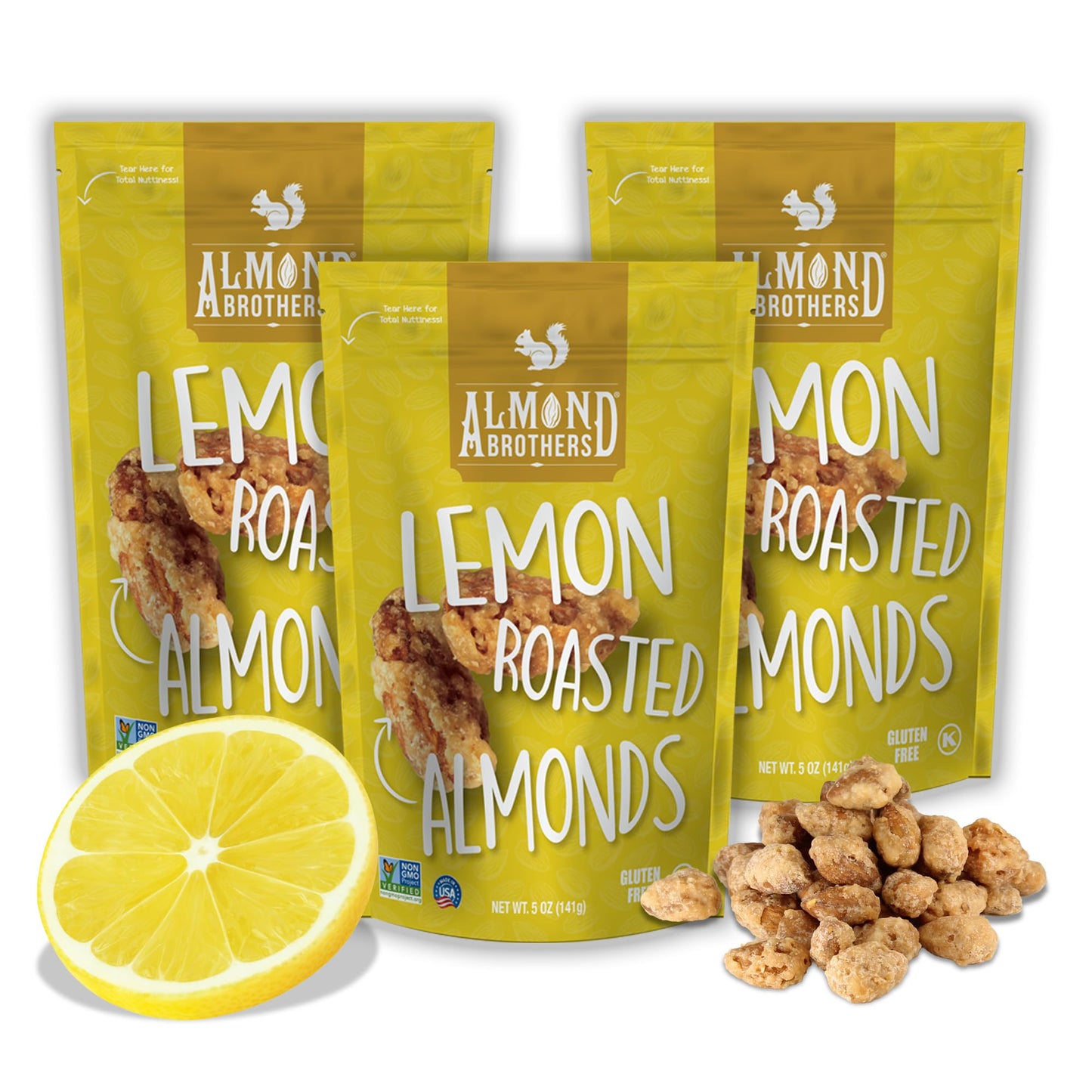 Almond Brothers Roasted Almonds - Pack of 3, 5 oz - Hand Crafted Lemon Glazed Almonds, Gluten-Free, Non-GMO