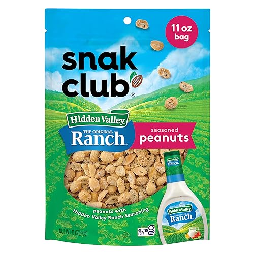 Snak Club Peanuts with Hidden Valley Ranch Seasoning, Roasted Nuts, Gluten-Free and Kosher Snack, 11 oz Resealable Bag