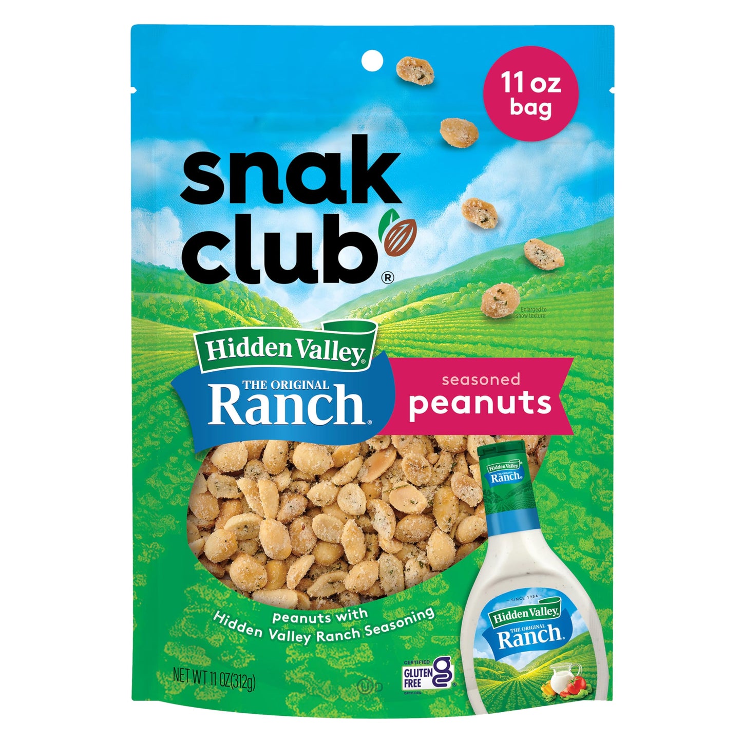 Snak Club Peanuts with Hidden Valley Ranch Seasoning, Roasted Nuts, Gluten-Free and Kosher Snack, 11 oz Resealable Bag