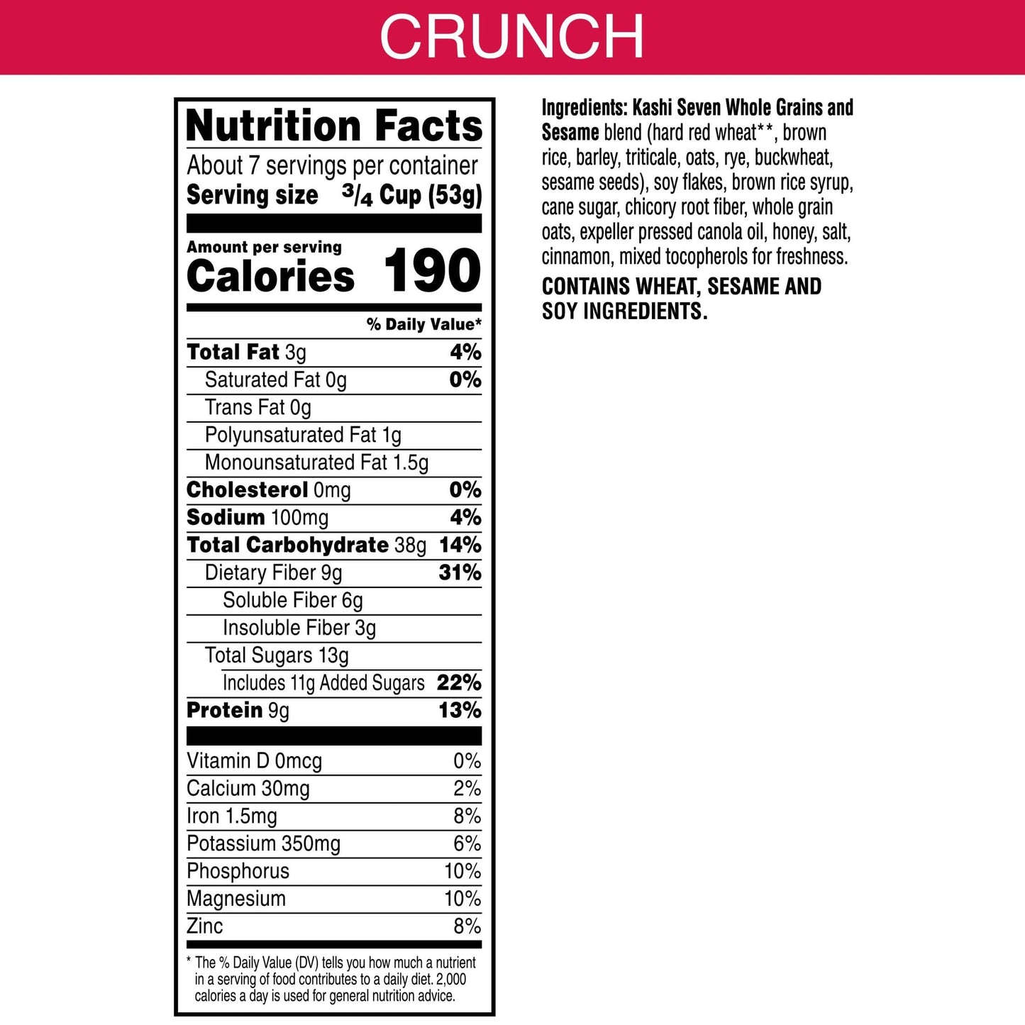 Kashi GO Cold Breakfast Cereal, Vegetarian Protein, Fiber Cereal, Crunch, 13.8oz Box (1 Box)