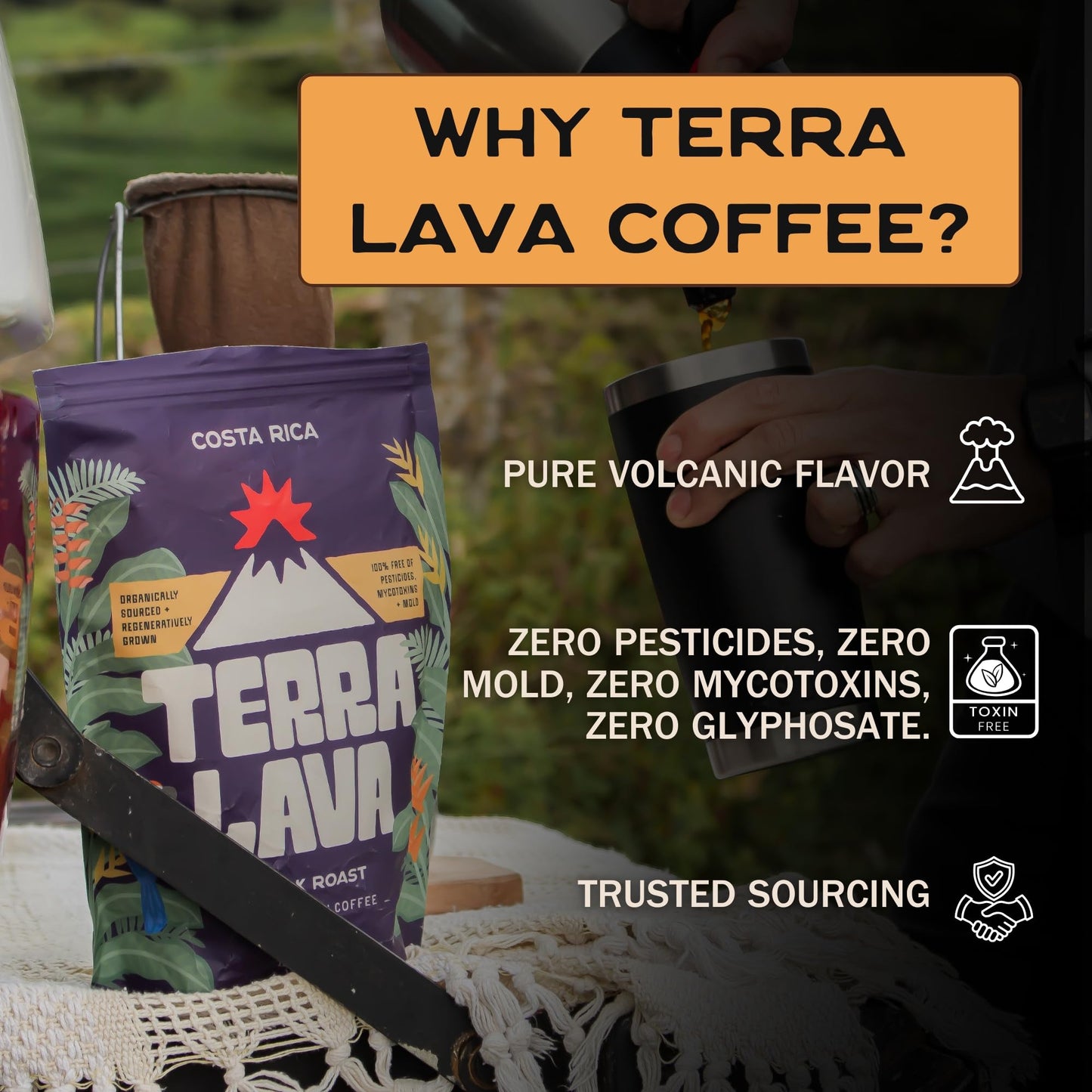 Terra Lava Coffee - Dark Roast Whole Bean Coffee, Single-Origin Costa Rican Arabica, Volcanic Soil Grown, Honey-Processed, Tested for Mold