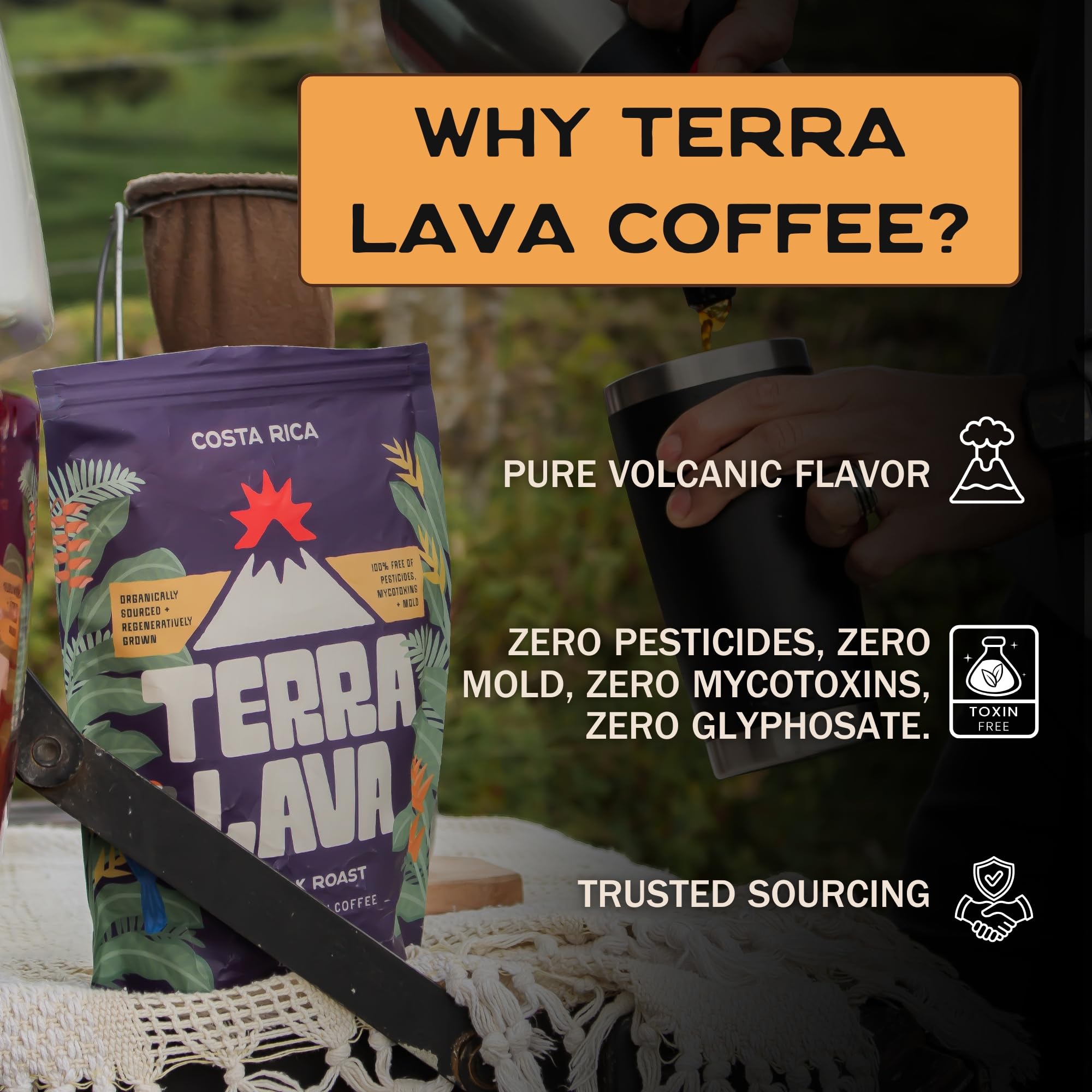 Terra Lava Coffee - Dark Roast Whole Bean Coffee, Single-Origin Costa Rican Arabica, Volcanic Soil Grown, Honey-Processed, Tested for Mold