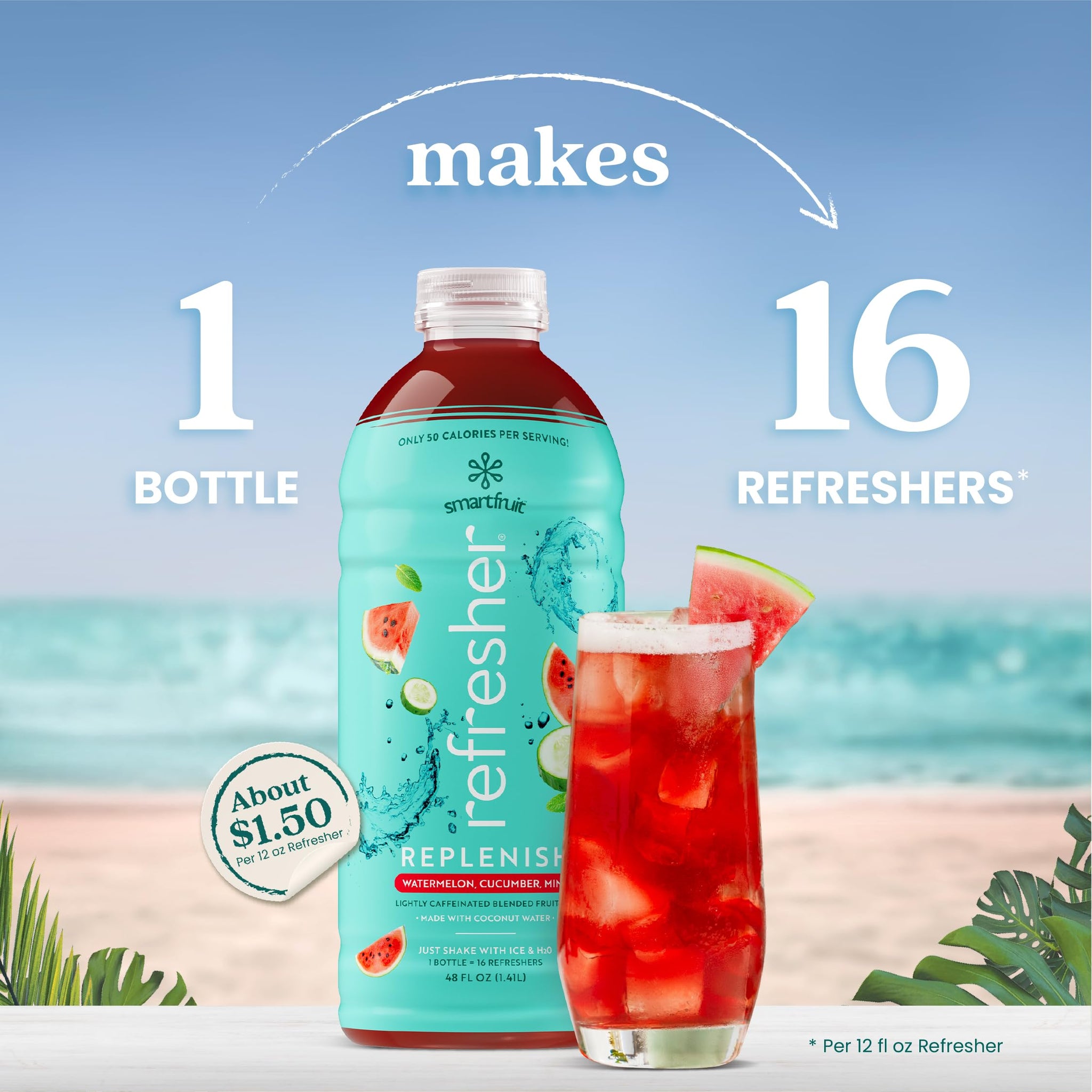 Smartfruit Replenish Refresher Concentrate - Watermelon Cucumber Mint - Made with Real Fruit Juice, Just Add Ice and Water, No Added Sugar, Coconut