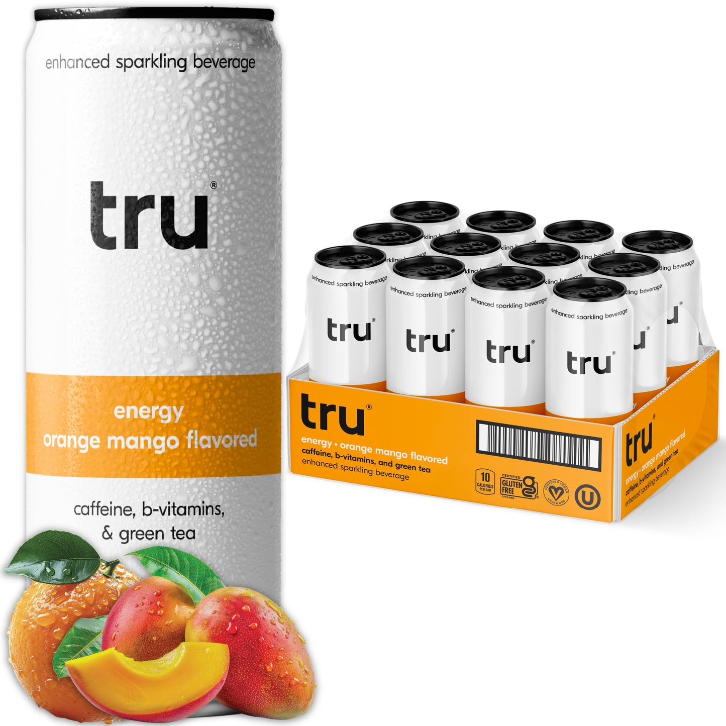 Tru Energy Seltzer, Sparkling Water with Natural Caffeine, Orange Mango Juice, Green Tea Extract & B Vitamins, Lightly Carbonated Energy Drink, Gluten