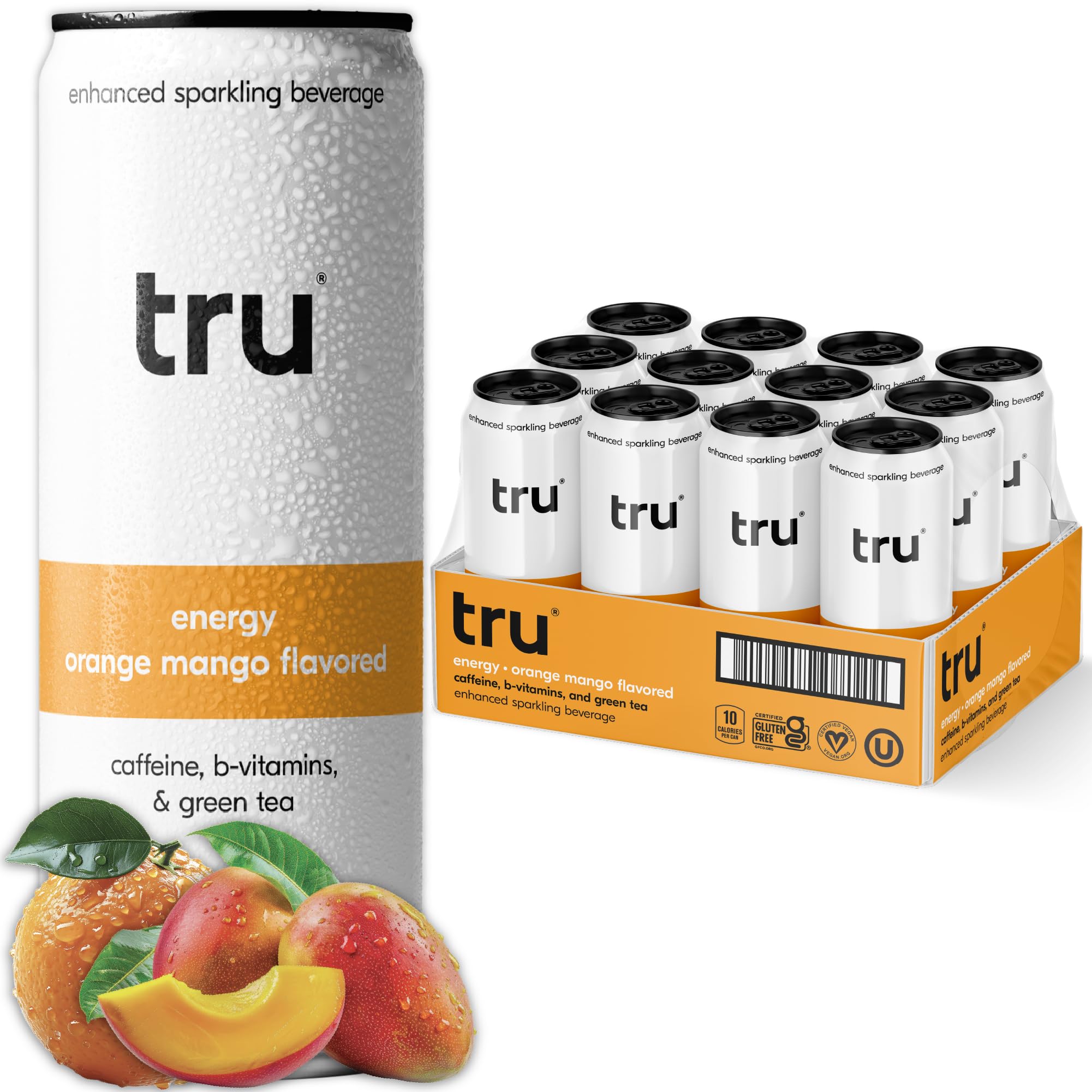 Tru Energy Seltzer, Sparkling Water with Natural Caffeine, Orange Mango Juice, Green Tea Extract & B Vitamins, Lightly Carbonated Energy Drink, Gluten