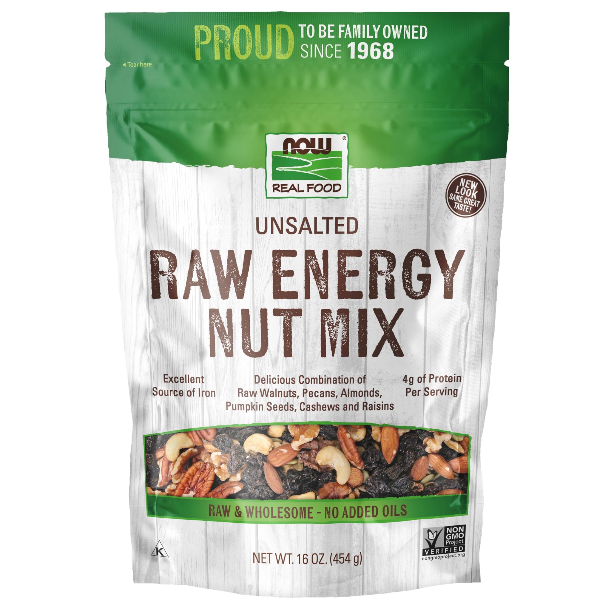 NOW Foods, Raw Energy Nut Mix, Unsalted Mix of Raisins, Walnuts, Peacans, Almonds, Pumpkin Seeds and Cashews, Great-Tasting, Source of Iron, 16-Ounce
