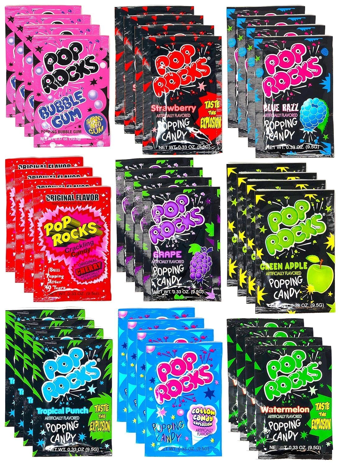 Pop Rocks Candy Variety Pack Popping Candy - Pop Rocks Bulk Candy, Nine Different Flavors Bulk Popping Candy 36 Count, 0.33 Oz