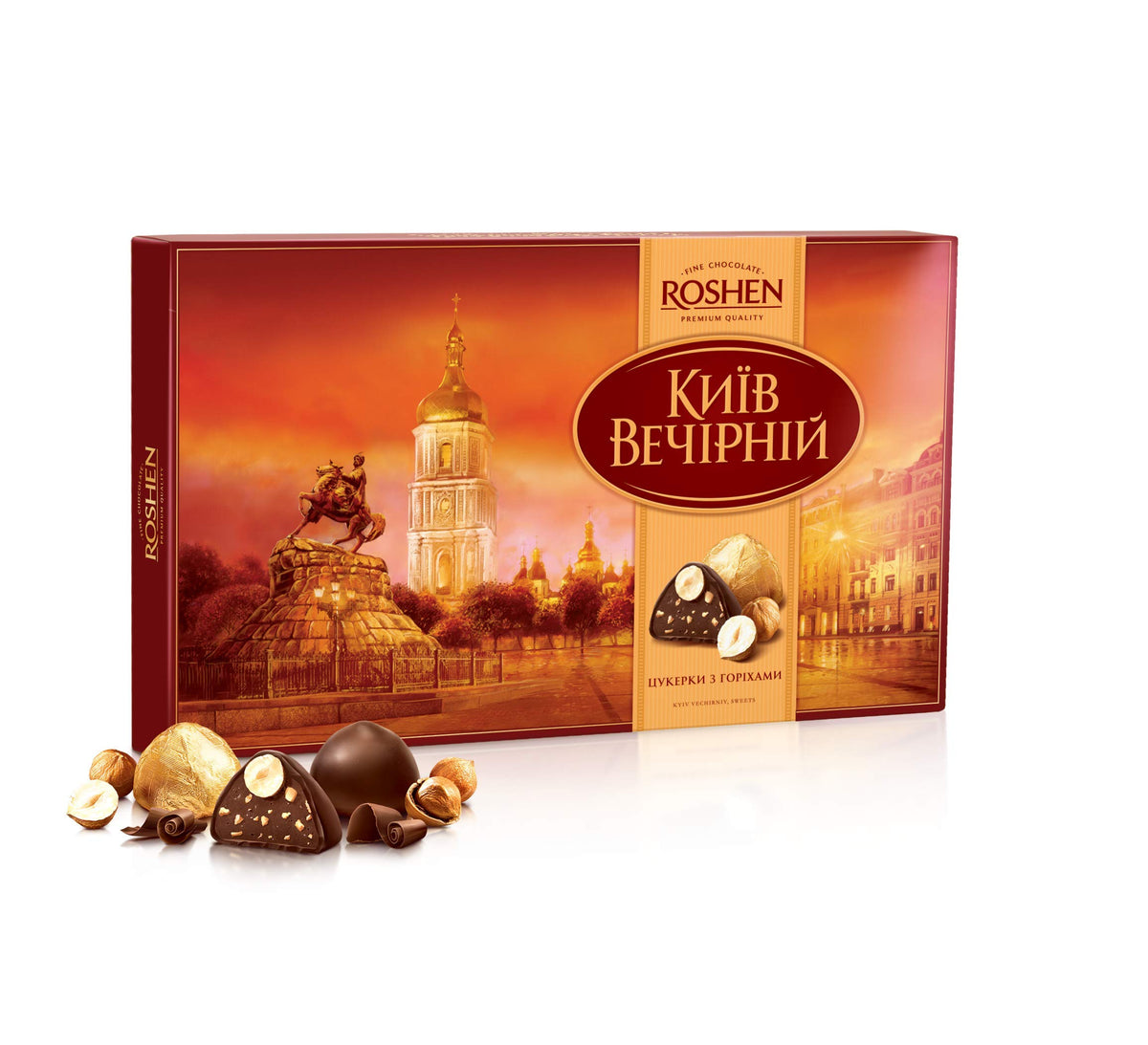 Roshen Kiev Vecherniy Chocolate Candy with Chopped and Hazelnuts Coating, Premium Gift Box 12.42oz/352 grams