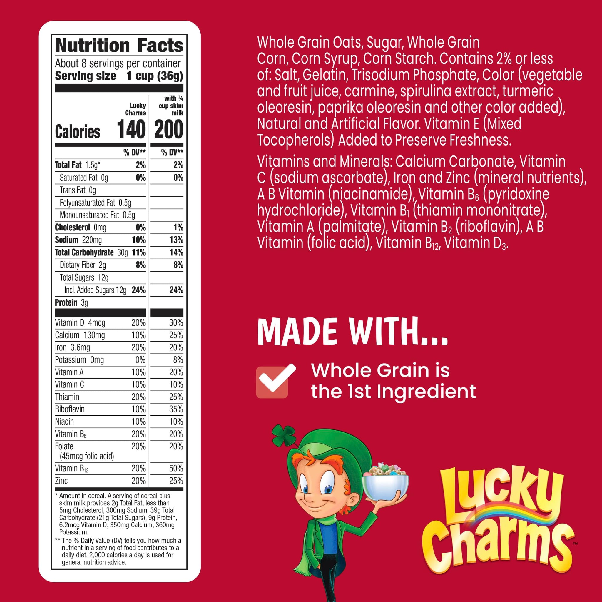 Lucky Charms Gluten Free Cereal with Marshmallows, Kids Breakfast Cereal, Made with Whole Grain, 10.5 oz