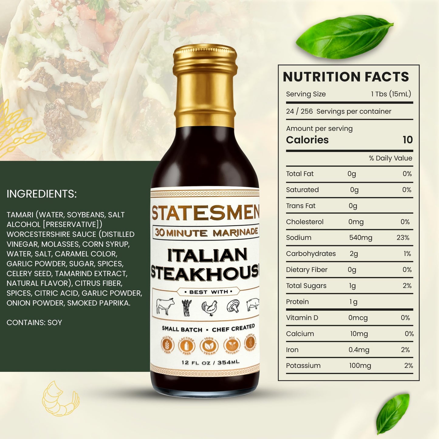 Statesmen Italian Steakhouse 30 Minute Marinade, 12 oz - Gluten-Free, Vegan, Lactose-Free Italian Herb Marinade for Chicken, Steak, Pork & Vegetables