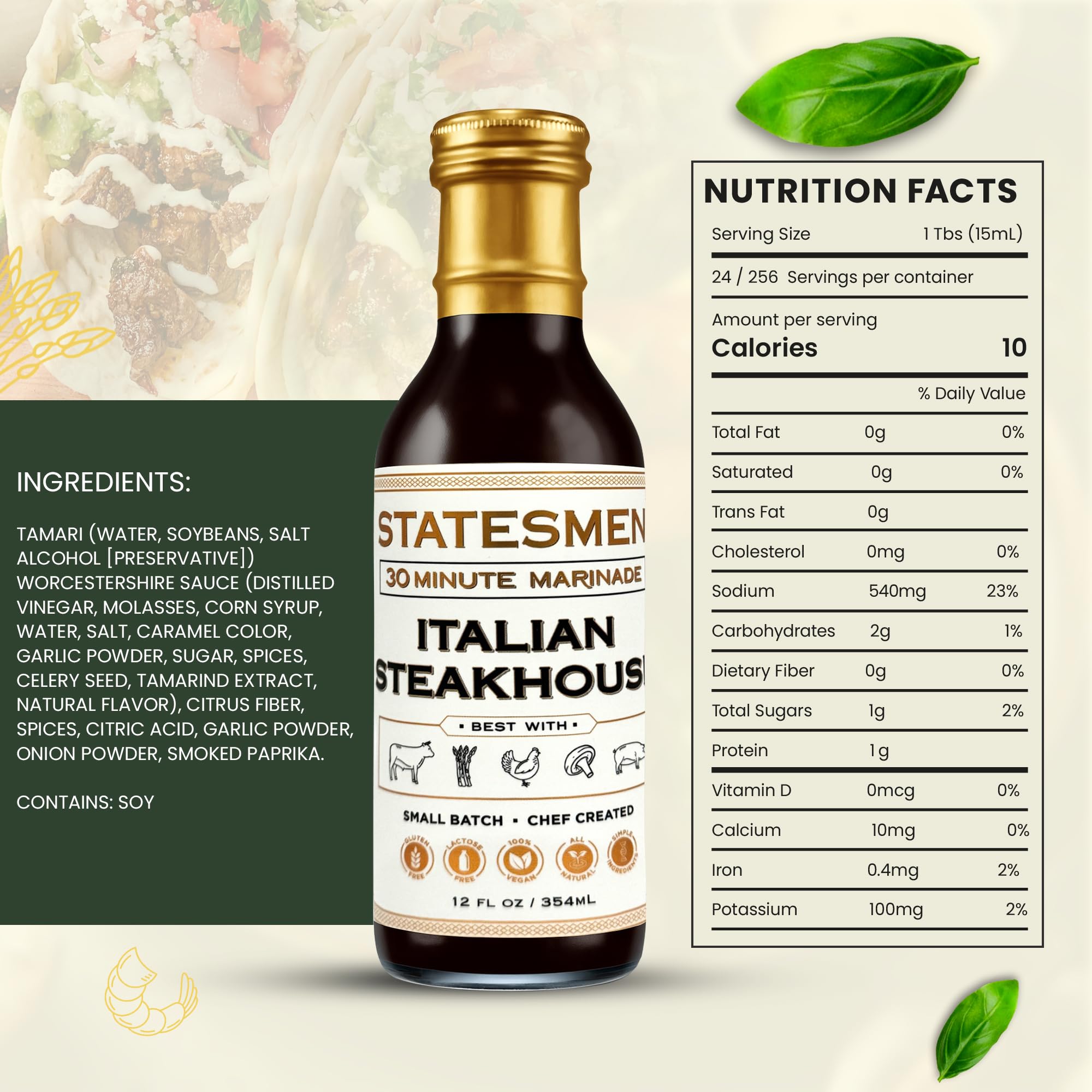 Statesmen Italian Steakhouse 30 Minute Marinade, 12 oz - Gluten-Free, Vegan, Lactose-Free Italian Herb Marinade for Chicken, Steak, Pork & Vegetables