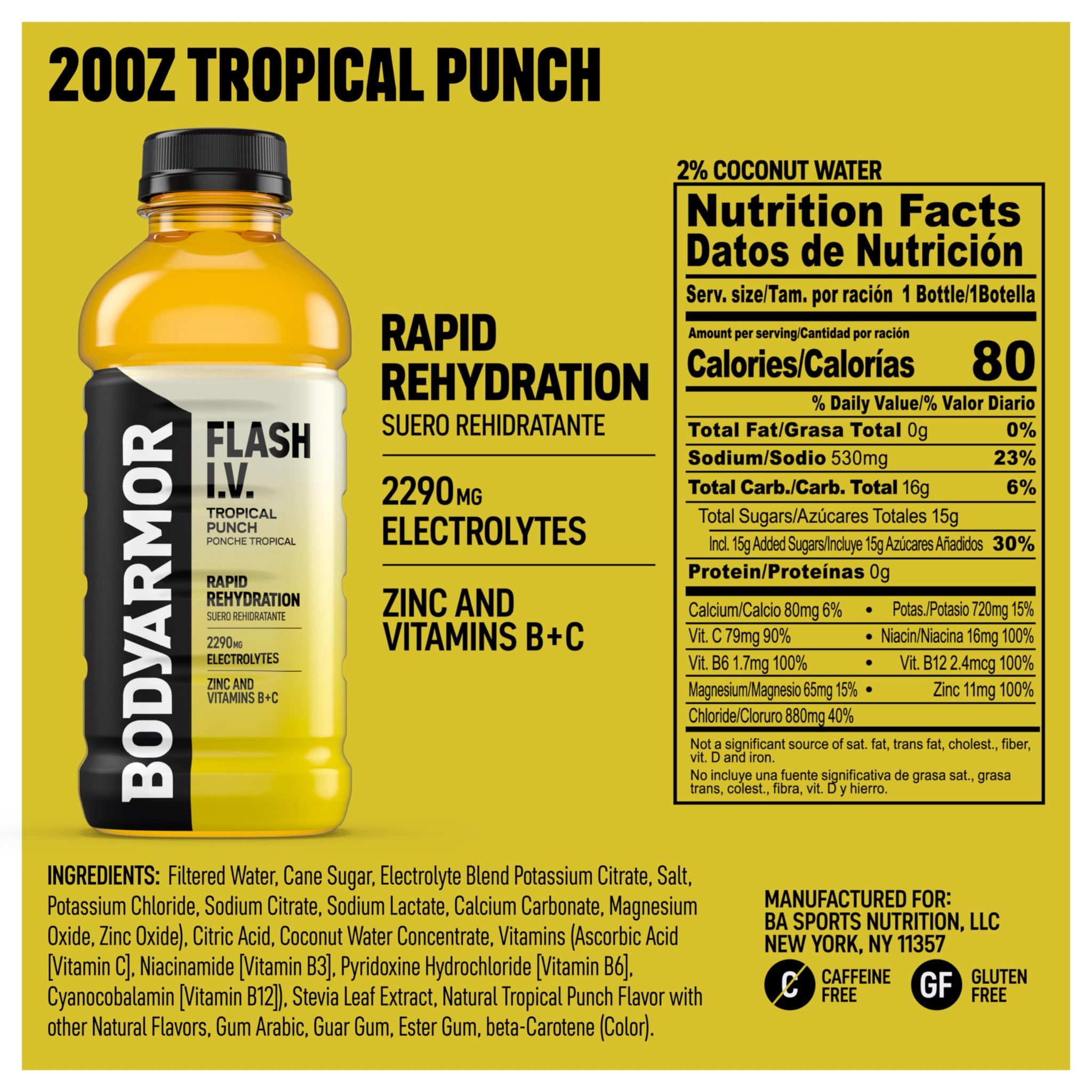 BODYARMOR Flash I.V. Electrolyte Beverage, Tropical Punch, Hydration Drink with Coconut Water For Rapid Rehydration, Post Workout Recovery, 20 Fl Oz