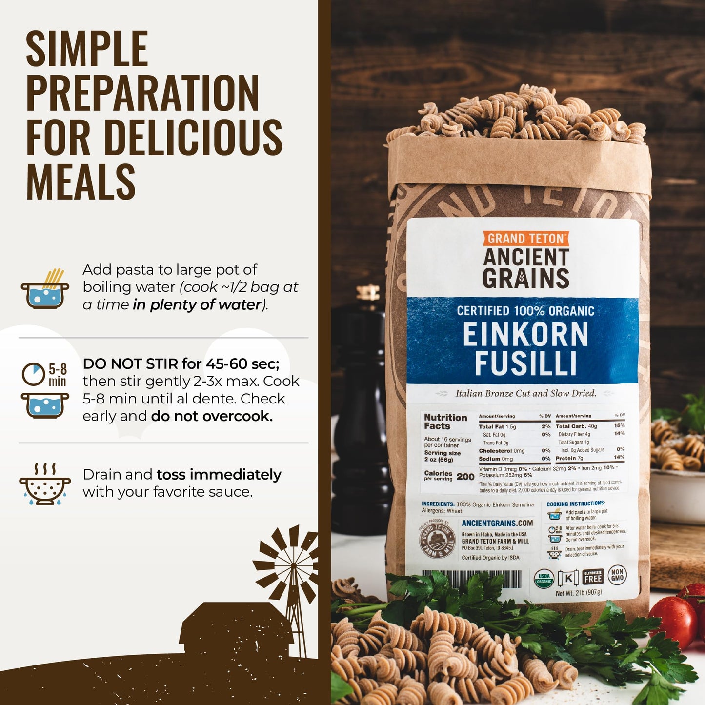Grand Teton Ancient Grains Organic Einkorn Fusilli Pasta: Spiral Ancient Grain Pasta, Bronze Cut, Stone Milled, Non-GMO, Glyphosate Free, Pasta Salad