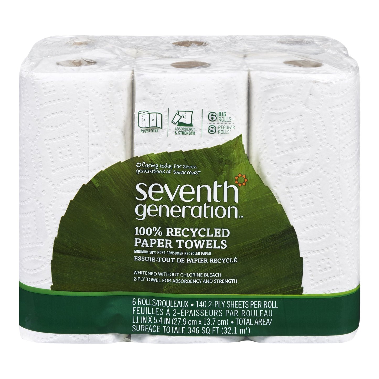 Seventh Generation Paper Towels, 100% Recycled Paper, 2-Ply, 6-Count (Pack of 4)
