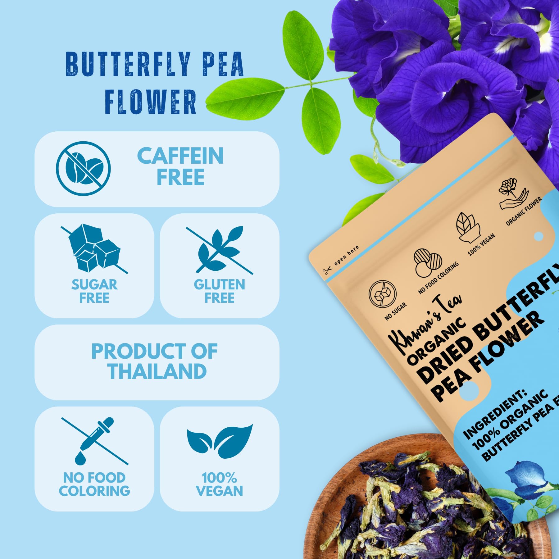 KHWAN'S TEA Butterfly Pea Flower Tea, USDA Organic Loose Dried Whole Flowers 1.8 oz (50g), 120+ Cups, Caffeine-Free Antioxidant-Rich Herbal Tea