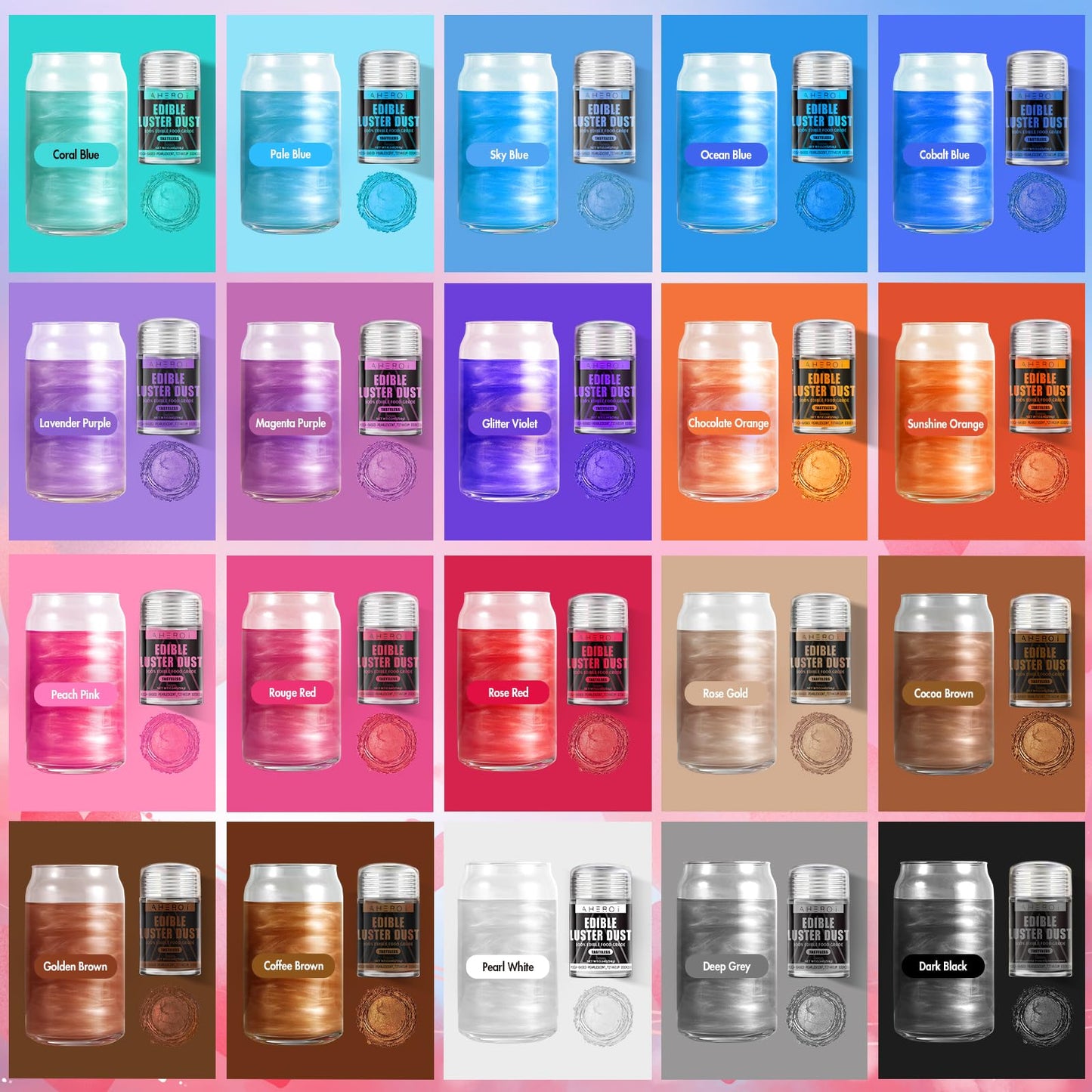 Aheroi Edible Glitter, 30 Colors Luster Dust Edible Glitter Pack for Drinks, Food Glitter Edible Shimmer Dust Powder, Edible Dust for Cocktail