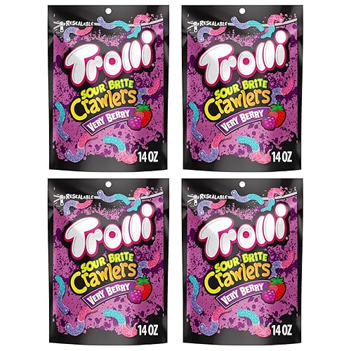 Troli SourBright Crawlers Very Berry Gummy Worms Candy, Sweet and Sour Chewy Gummies, 14oz Bags (4 Pack), Bulk Share Size Movie Theater Candy Snack