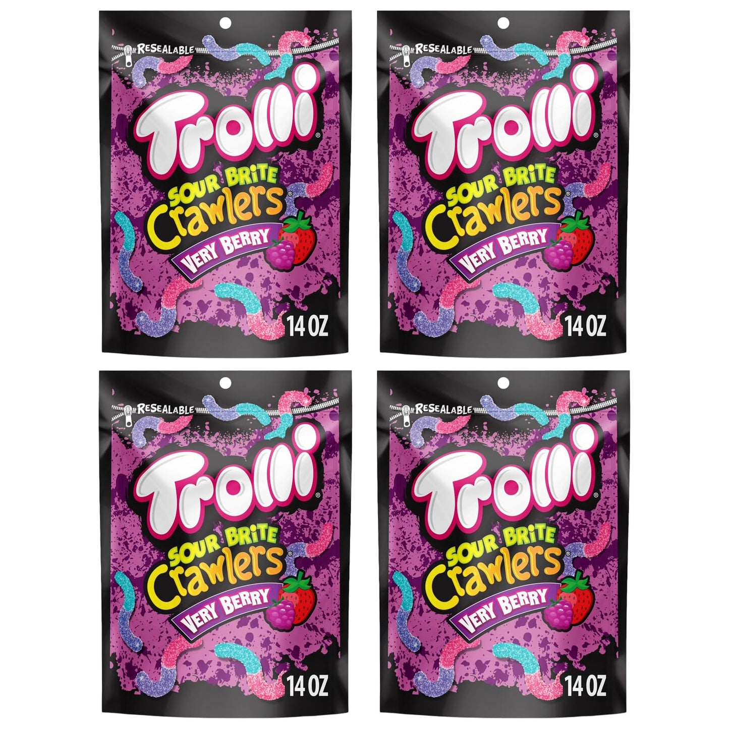 Troli SourBright Crawlers Very Berry Gummy Worms Candy, Sweet and Sour Chewy Gummies, 14oz Bags (4 Pack), Bulk Share Size Movie Theater Candy Snack