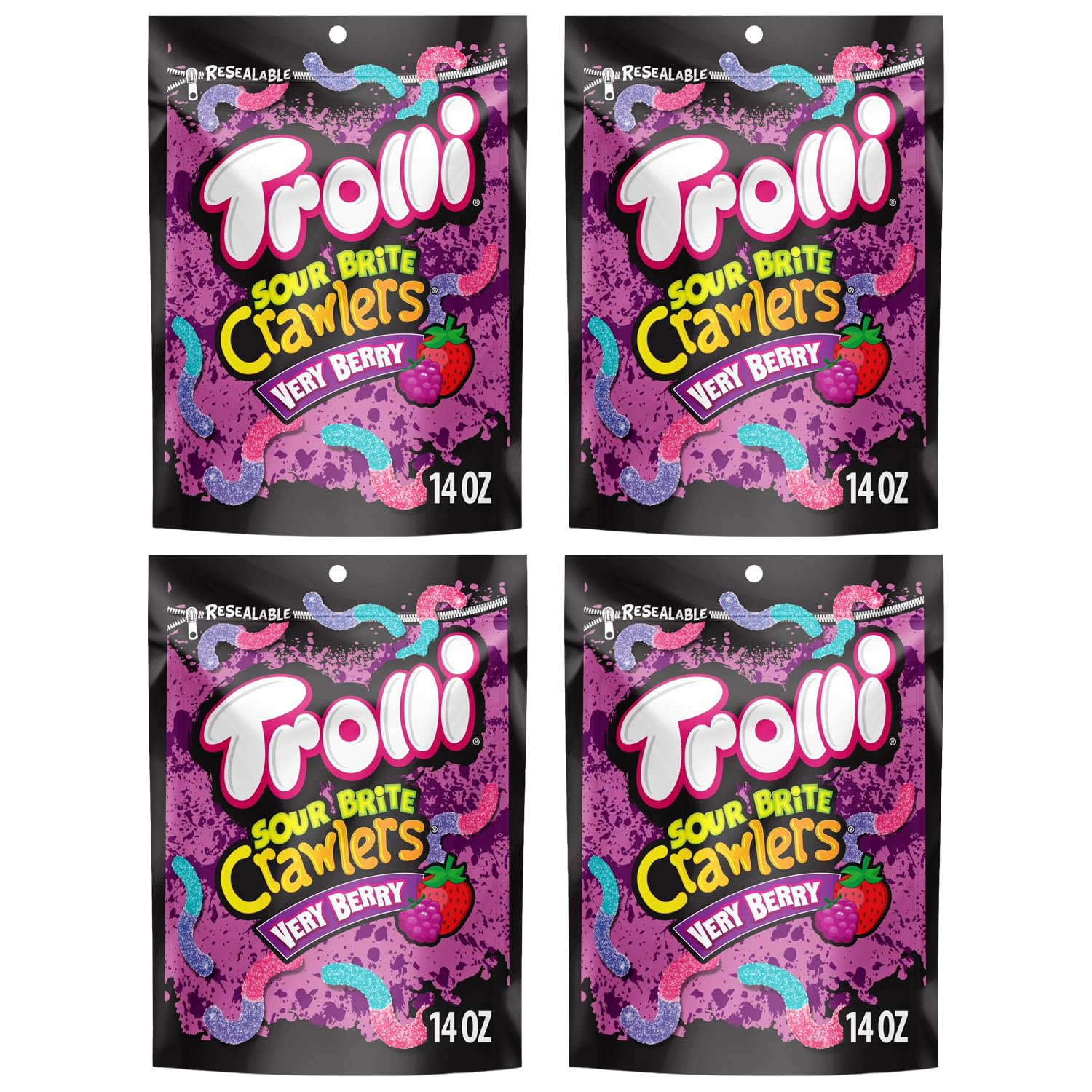 Troli SourBright Crawlers Very Berry Gummy Worms Candy, Sweet and Sour Chewy Gummies, 14oz Bags (4 Pack), Bulk Share Size Movie Theater Candy Snack