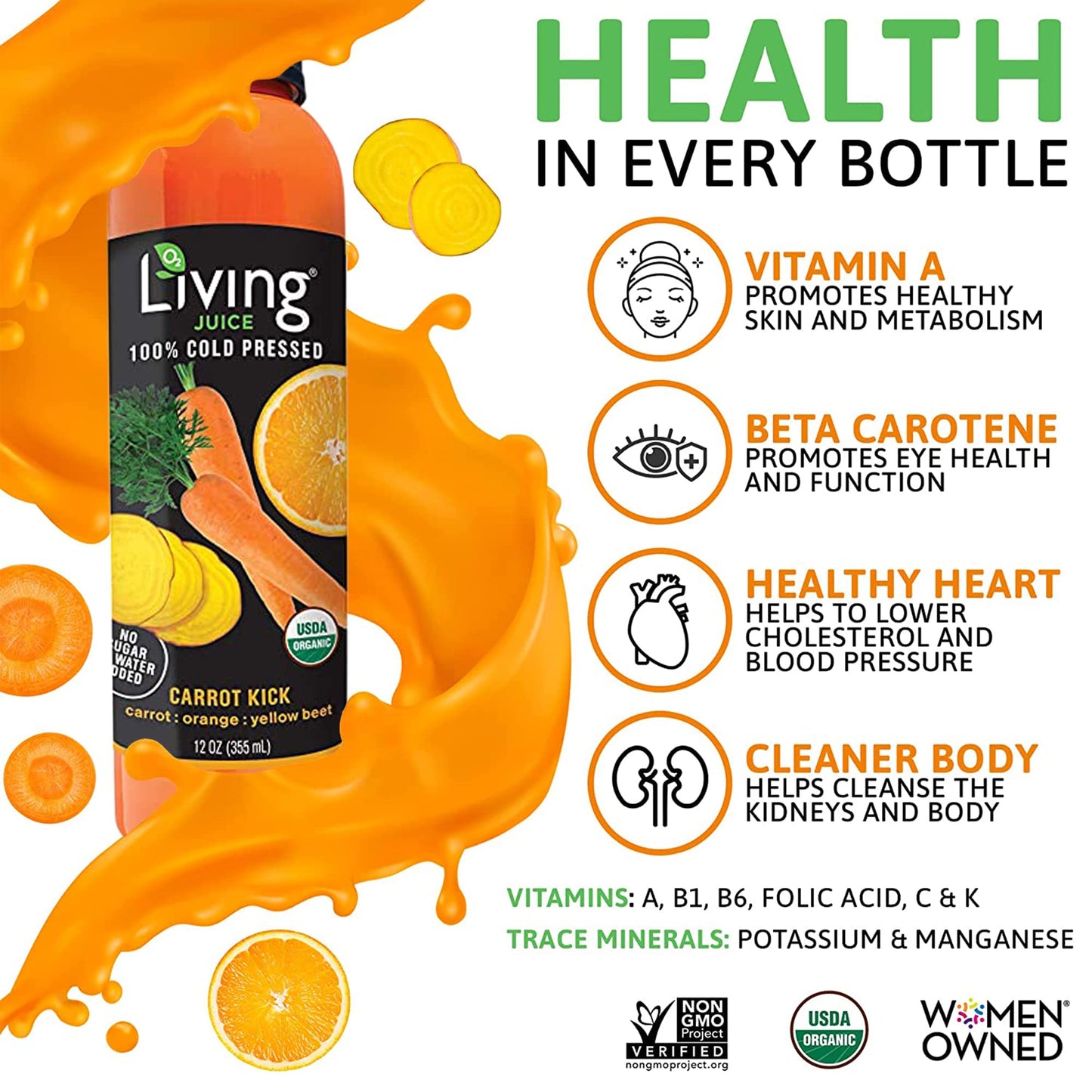 O2 Living Juice Cold Pressed Drink - Carrot Kick Organic Juice Pack - No Added Sugars or Water, Naturally Sweetened from Fruits, Rich in Nutrients