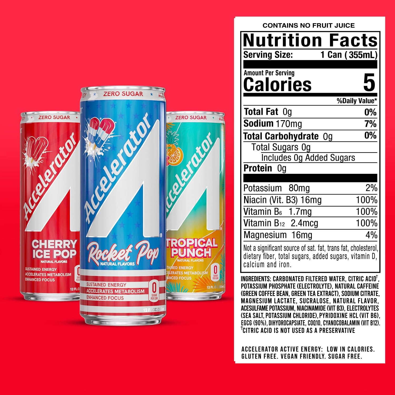 Accelerator Energy Drink, Variety Pack 12oz can (12 pack), Zero Sugar, Sustained Energy from 100% Natural Caffeine (200mg from Green Coffee Bean
