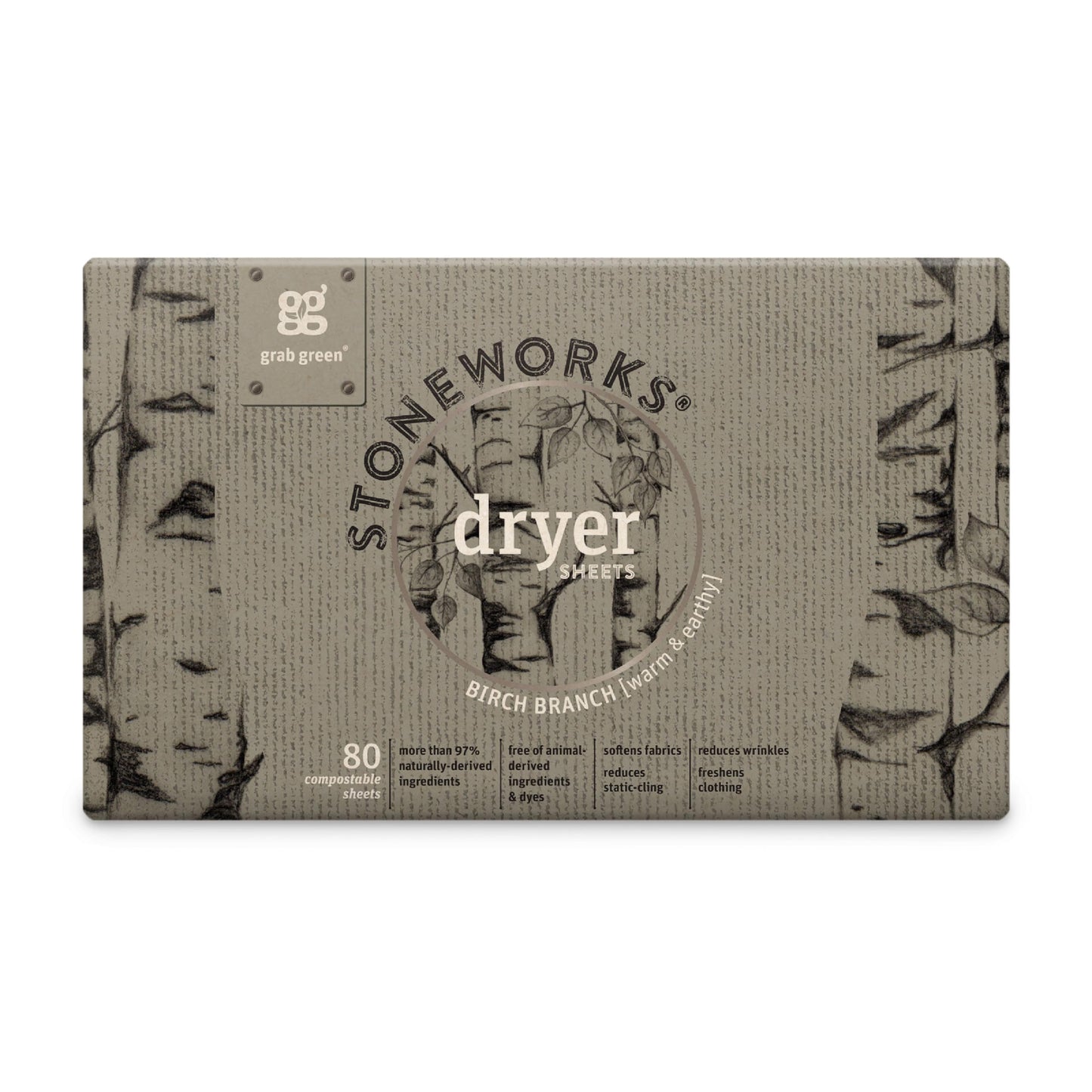Grab Green, Stoneworks, Dryer Sheets, 80 Compostable Sheets (Birch Branch)