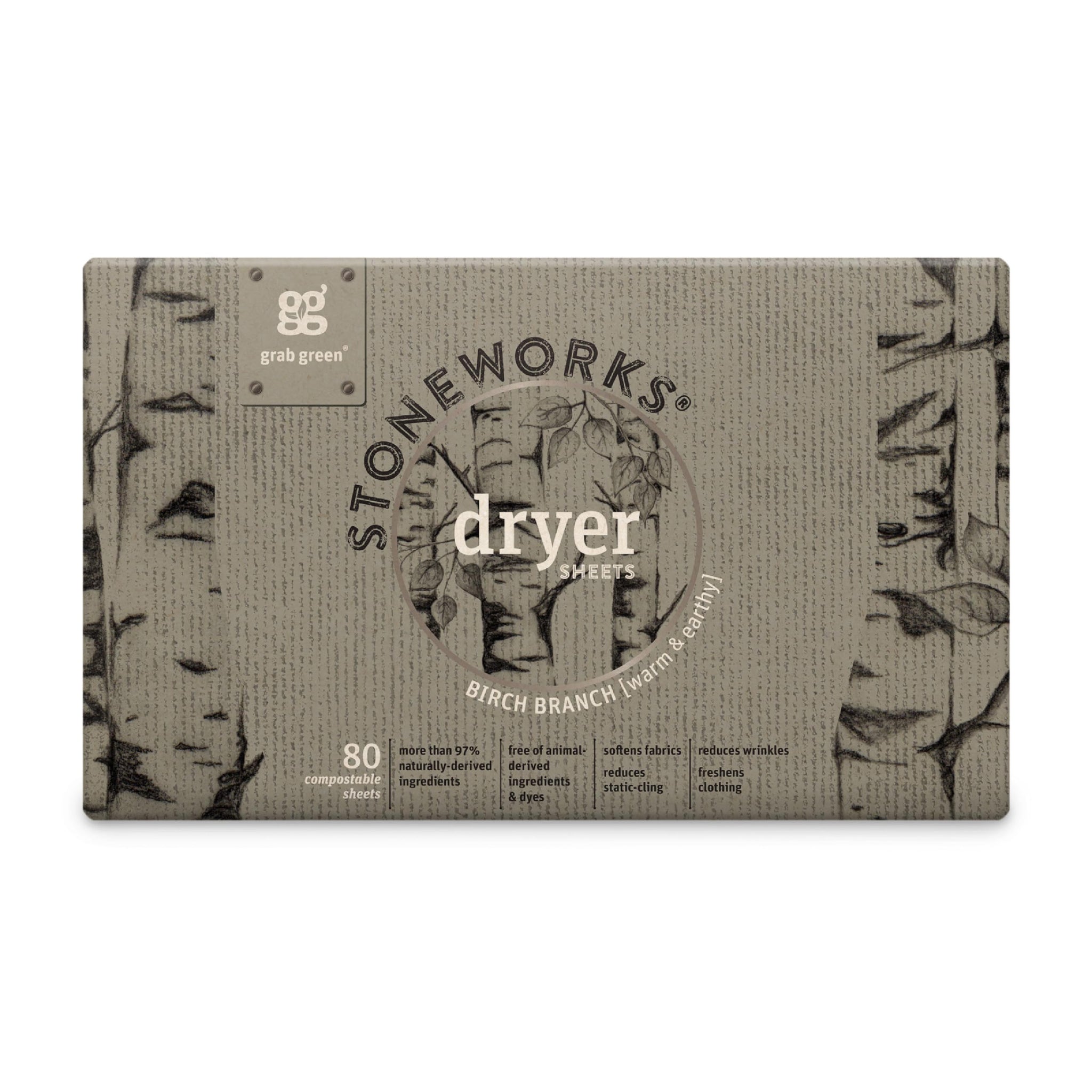 Grab Green, Stoneworks, Dryer Sheets, 80 Compostable Sheets (Birch Branch)