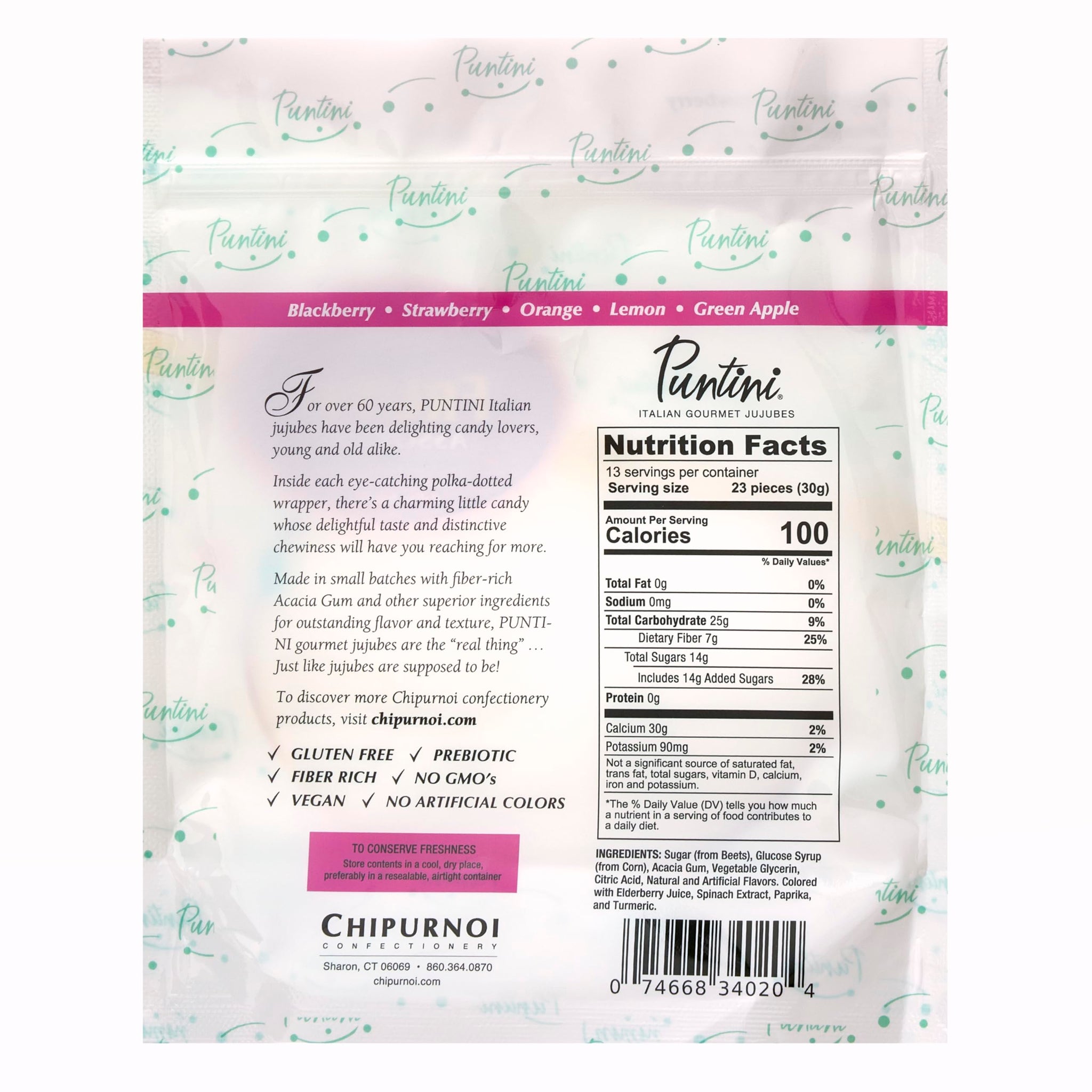 PUNTINI Frutti Assortiti Italian Gourmet Chewy Jujubes, Assorted Fruit Flavors, Individually Wrapped Vegan Candy, Gluten Free, Non-GMO, Resealable