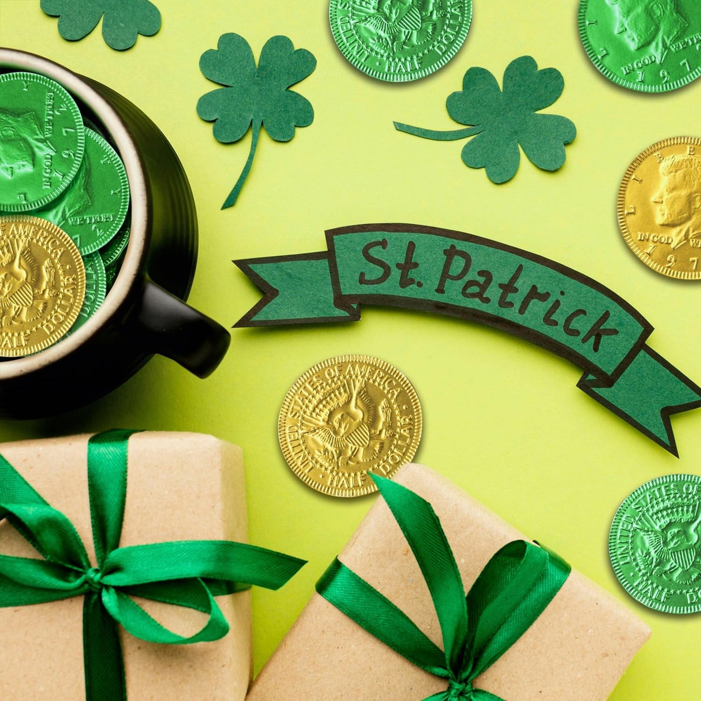 Belgian Milk Chocolate Gold & Green Large Coins - Smooth, Creamy European Chocolate Wrapped in Gold Foil, St. Patrick’s Day Candy for Parties, Parade