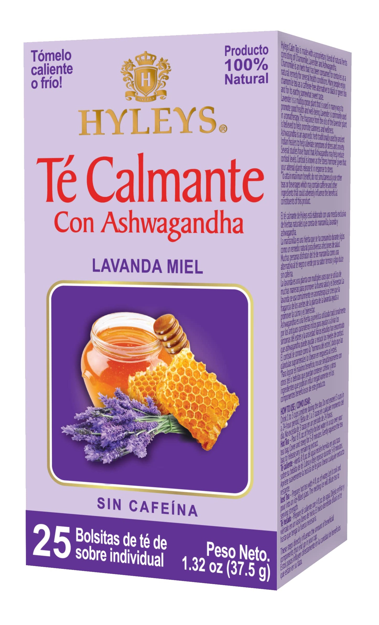 Hyleys Calm Tea with Ashwagandha - Lavender & Honey Flavor - Caffeine-Free, Herbal Tea - 25 Tea Bags - Sleepy Chamomile Bedtime Blend: Natural Herbal