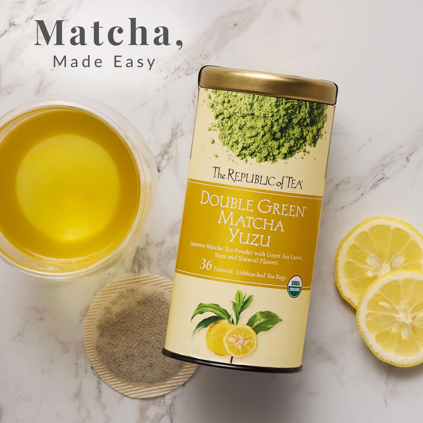 The Republic of Tea Organic Double Green Matcha Yuzu, Individual Tea Bags with Japanese Matcha Tea Powder and Green Tea Leaves Blend, Natural