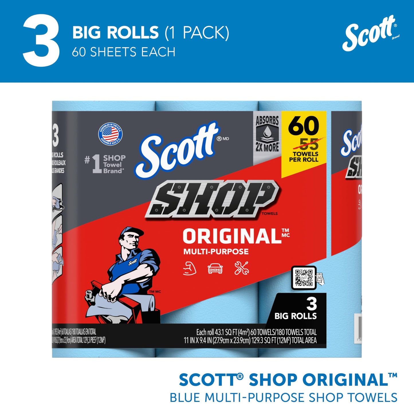 Scott® Shop Towels Original™ (58145), Blue Shop Towels, 1 Pack of 3 Big Rolls, Large 11"x9.4" Towel, (60 Sheet/Roll, 180 Sheet Total)