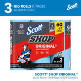 Scott® Shop Towels Original™ (58145), Blue Shop Towels, 1 Pack of 3 Big Rolls, Large 11"x9.4" Towel, (60 Sheet/Roll, 180 Sheet Total)