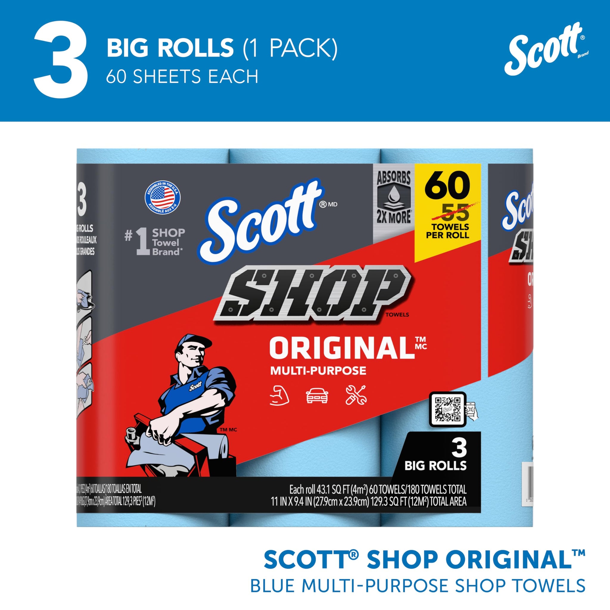 Scott® Shop Towels Original™ (58145), Blue Shop Towels, 1 Pack of 3 Big Rolls, Large 11"x9.4" Towel, (60 Sheet/Roll, 180 Sheet Total)