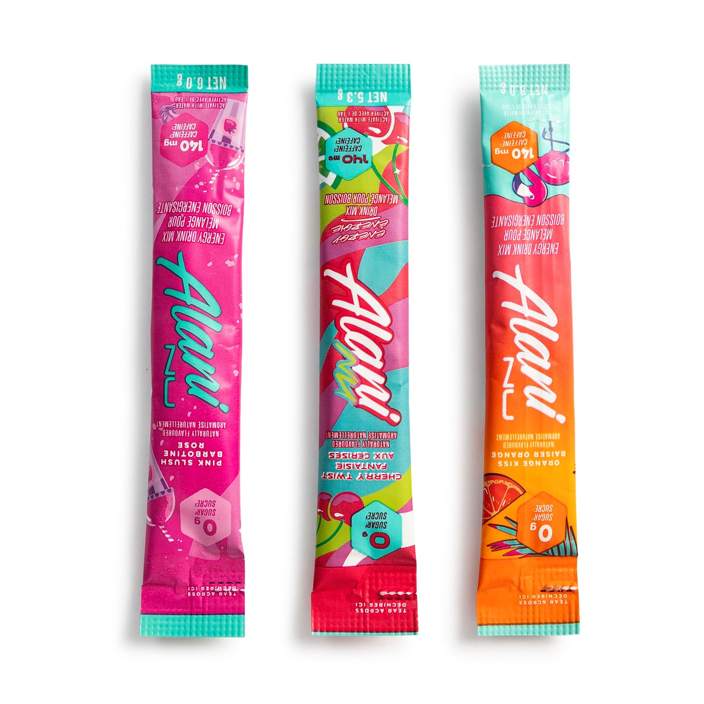 Alani_Nu Energy Drink Mix Variety Pack + QueBuy Reusable Straw (30 Count. Value Pack) - 200mg Caffeine - 0g Sugar - Orange Kiss, Cherry Slush & Pink