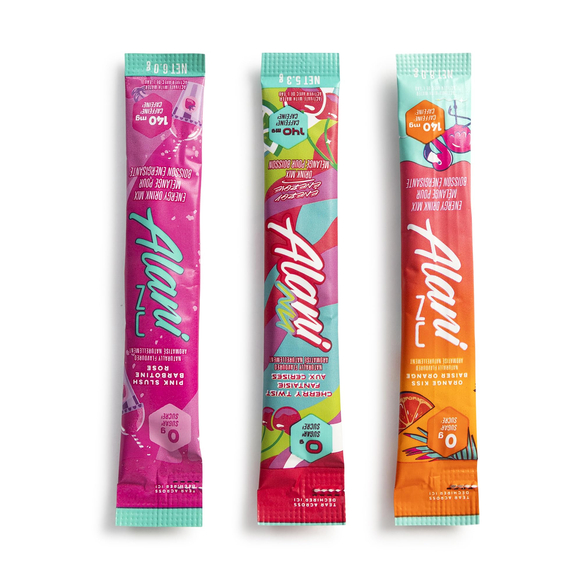 Alani_Nu Energy Drink Mix Variety Pack + QueBuy Reusable Straw (30 Count. Value Pack) - 200mg Caffeine - 0g Sugar - Orange Kiss, Cherry Slush & Pink