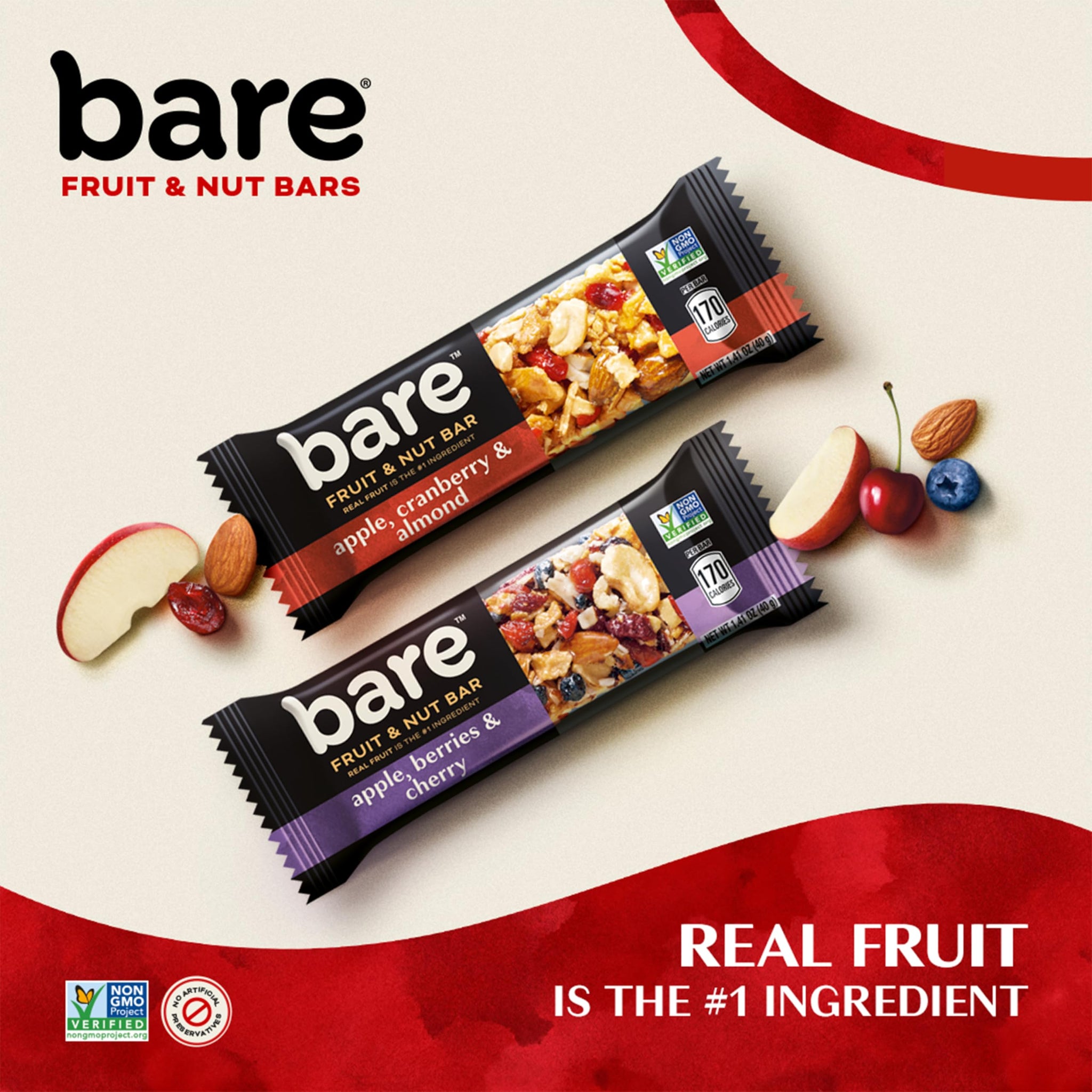 Bare Fruit & Nut Bars, Apple, Cranberry & Almond and Apple, Berries & Cherry Variety Pack (Pack of 2)