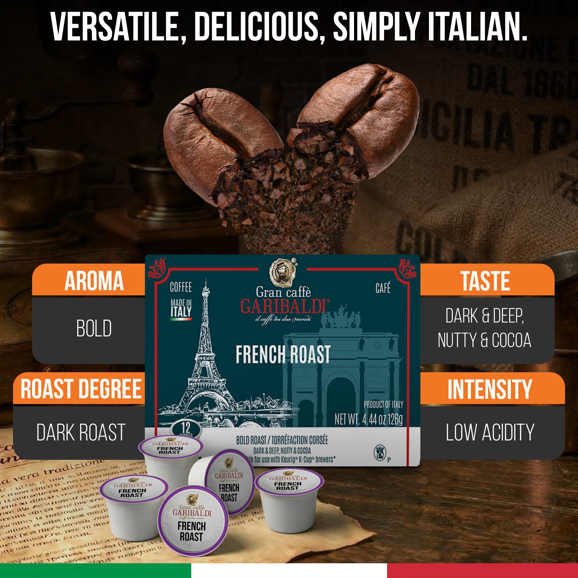 Caffè Garibaldi French Roast Coffee Pods, Single-Serve Capsules for Keurig K-Cup Brewers, Single Serve Cups with Arabica Blend for Coffee Makers, 72
