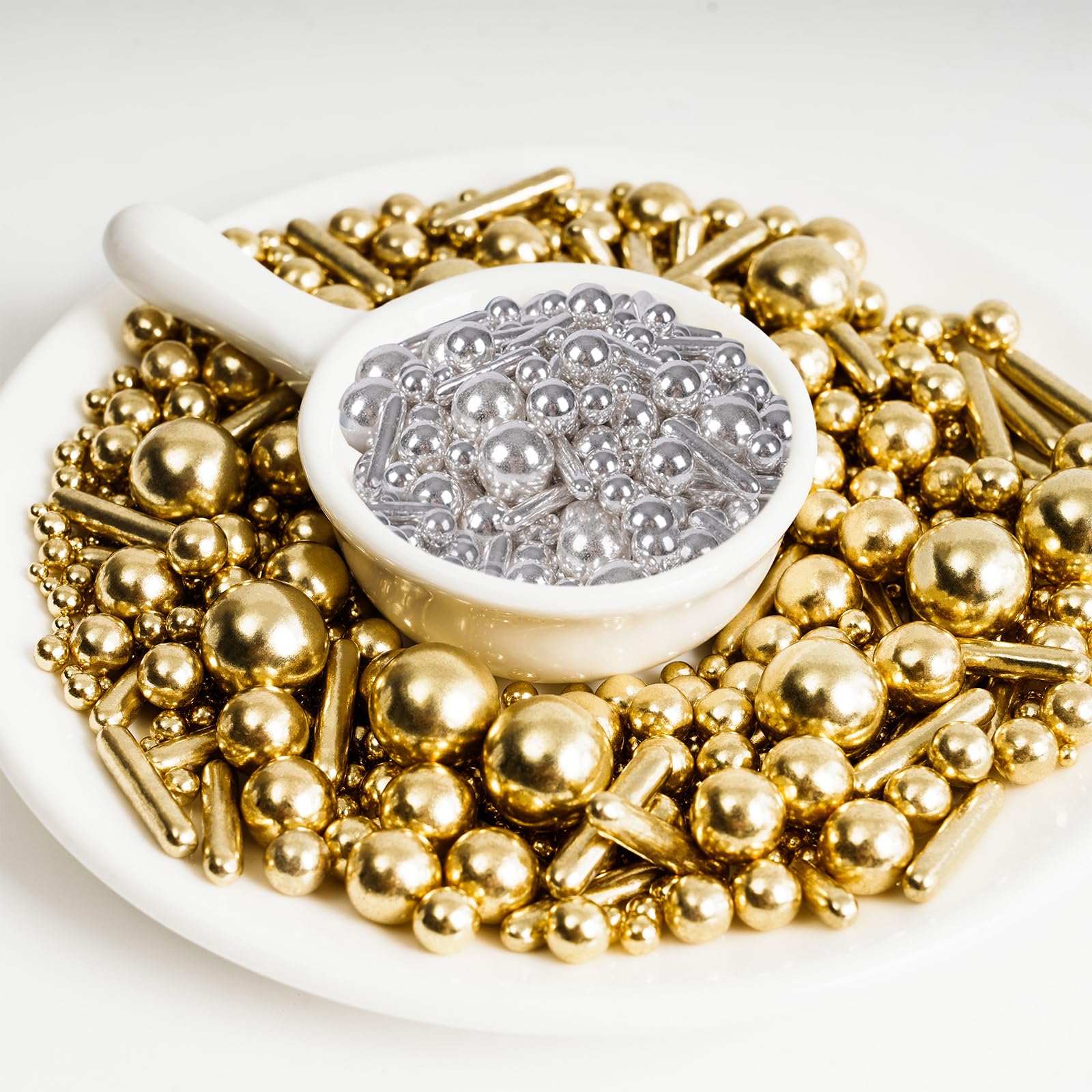 Kasvan Gold and Silver Sugar Sprinkles - Edible Candy Pearls with 4-Claw Sprinkle Pen,8.32Oz, Gift Box Pack, Baking Cake Decorations, Ice Cream