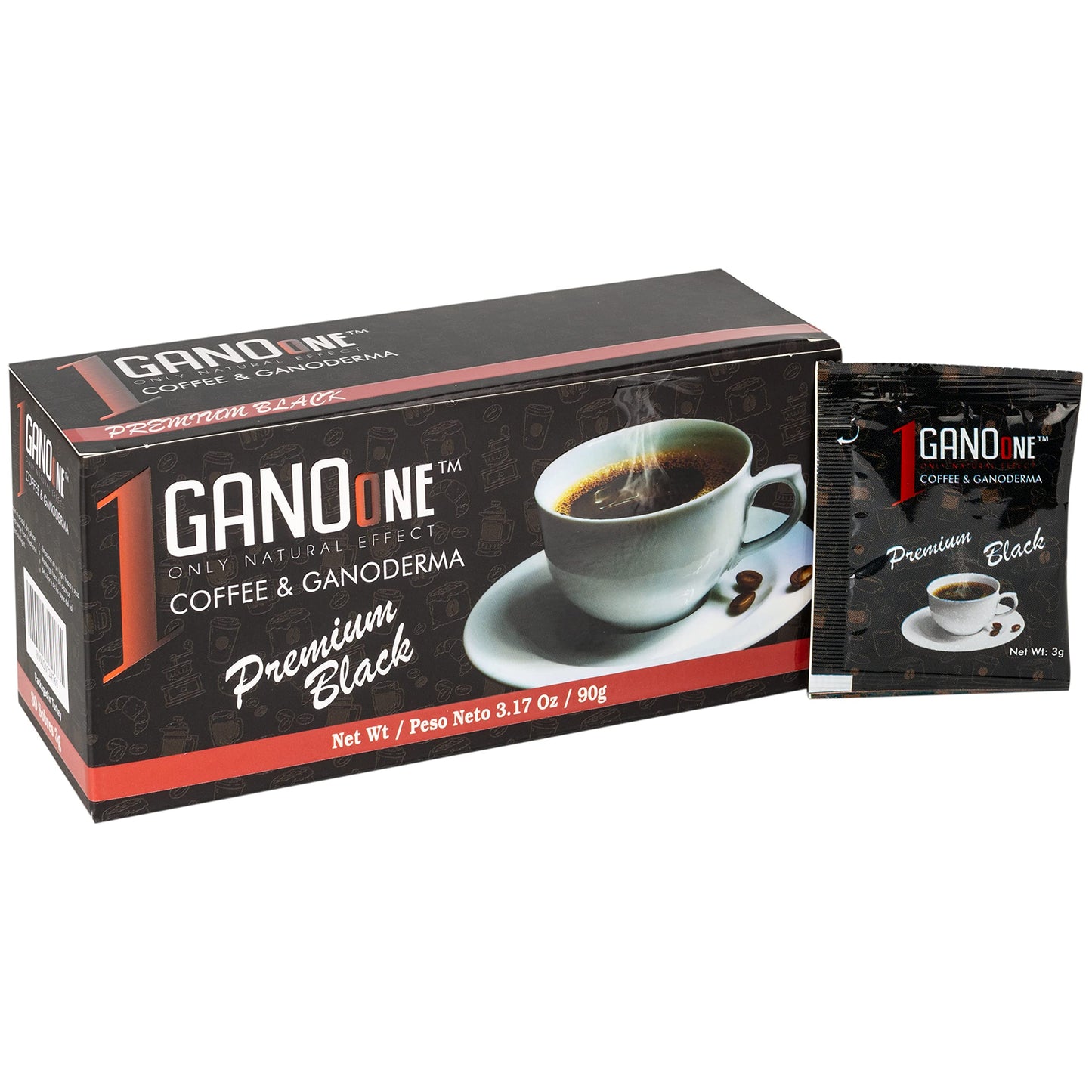 4 Boxes GanoOne Premium Black Classic Coffee - Reishi Mushroom Instant Coffee - with Organic Ganoderma Extract - Easy to Use 30 Single-Serve Sachets