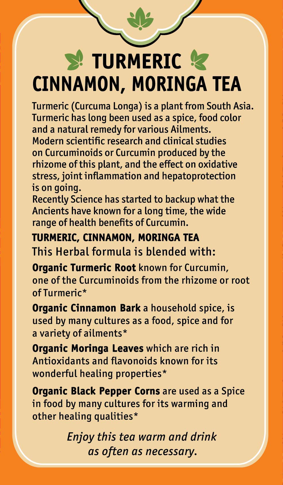 Herbal Cup Ayurveda Turmeric Tea, Organic Cinnamon Moringa, No Caffeine Herbal Supplement (16 Count, Pack of 6)