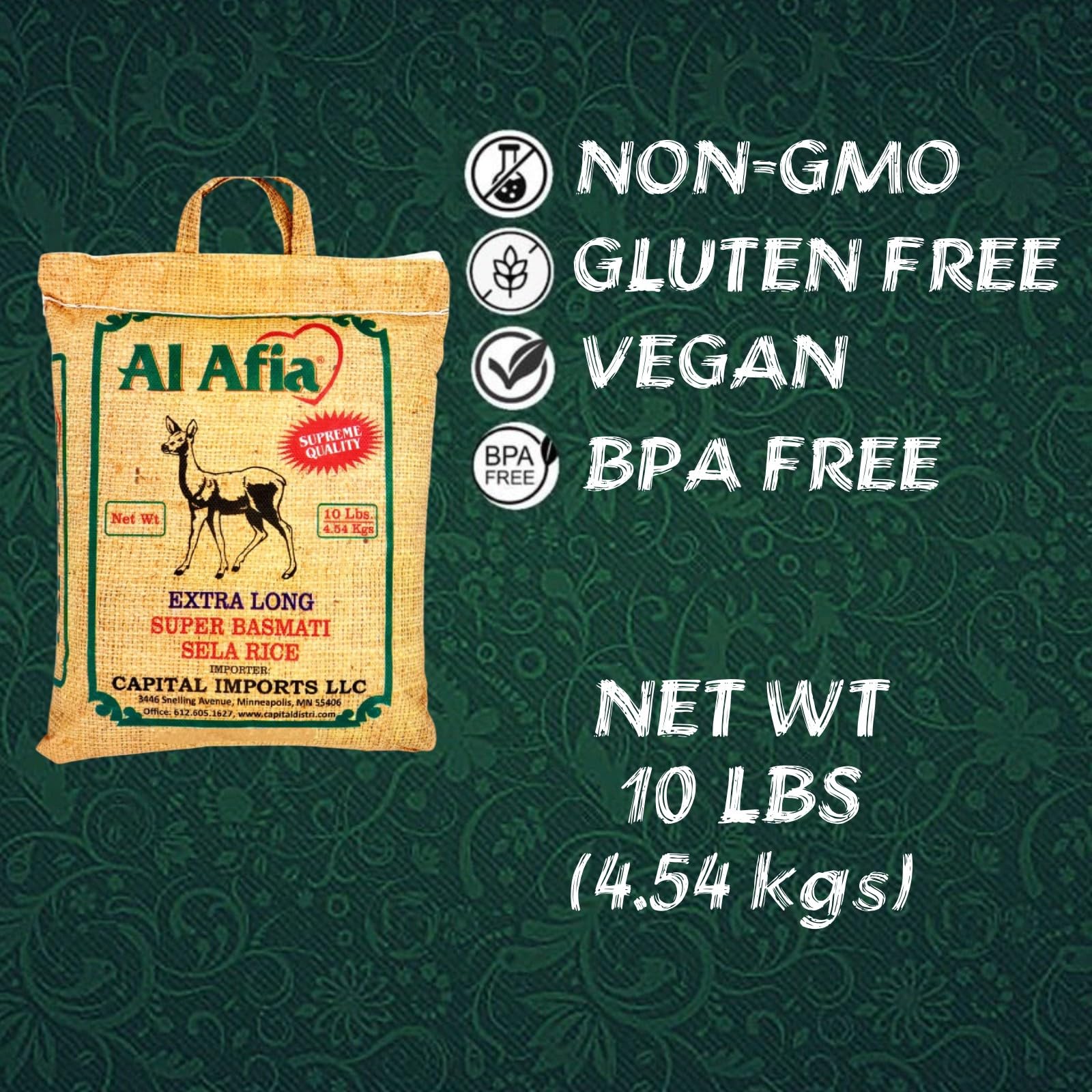 Al Afia Basmati Sela Rice Supreme Quality Extra Long Super Basmati Sela Rice, 10 lb (4.54 kg), Non GMO, Extra Long Basmati Rice, Vegan, Gluten Free, BPA Free, Zip Lock Bag, Dried Grains, Fresh White Rice