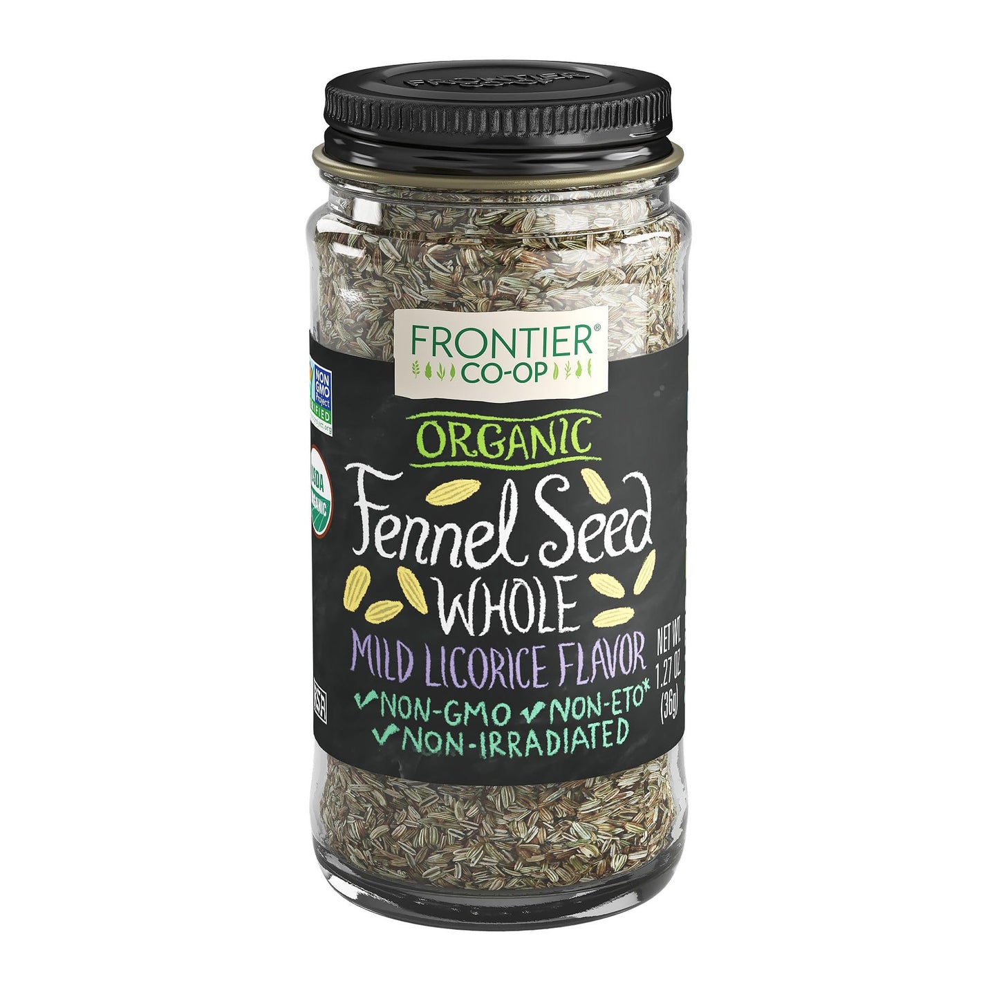 Frontier Co-op Organic Whole Fennel Seed, 1.27 oz - Sweet Turkish Fennel for Seasoning Soups, Fish, Salads, Veggies, Candied Desserts