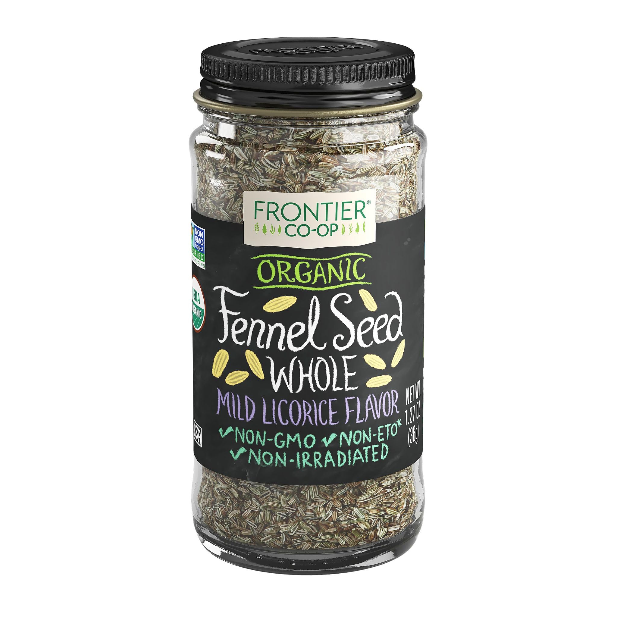 Frontier Co-op Organic Whole Fennel Seed, 1.27 oz - Sweet Turkish Fennel for Seasoning Soups, Fish, Salads, Veggies, Candied Desserts