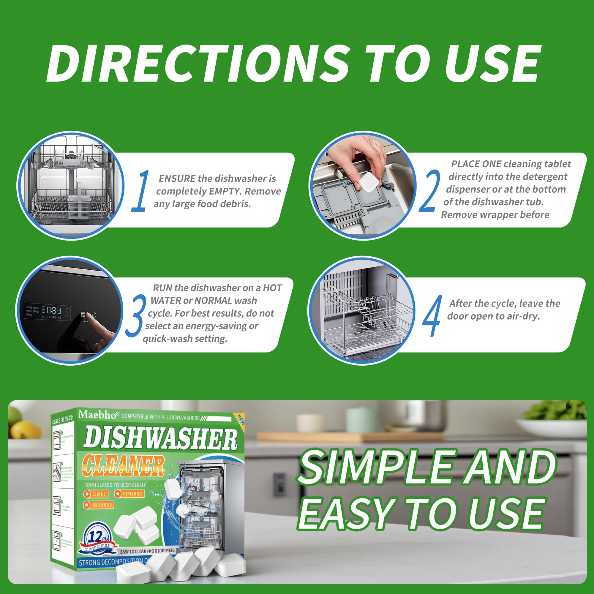 Dishwasher Cleaner and Deodorizer Tablets-12 Pack, Heavy Duty Deep Cleaning Descaler Pods for Dish Washer Machine, Removes Limescale, Odor, Grease
