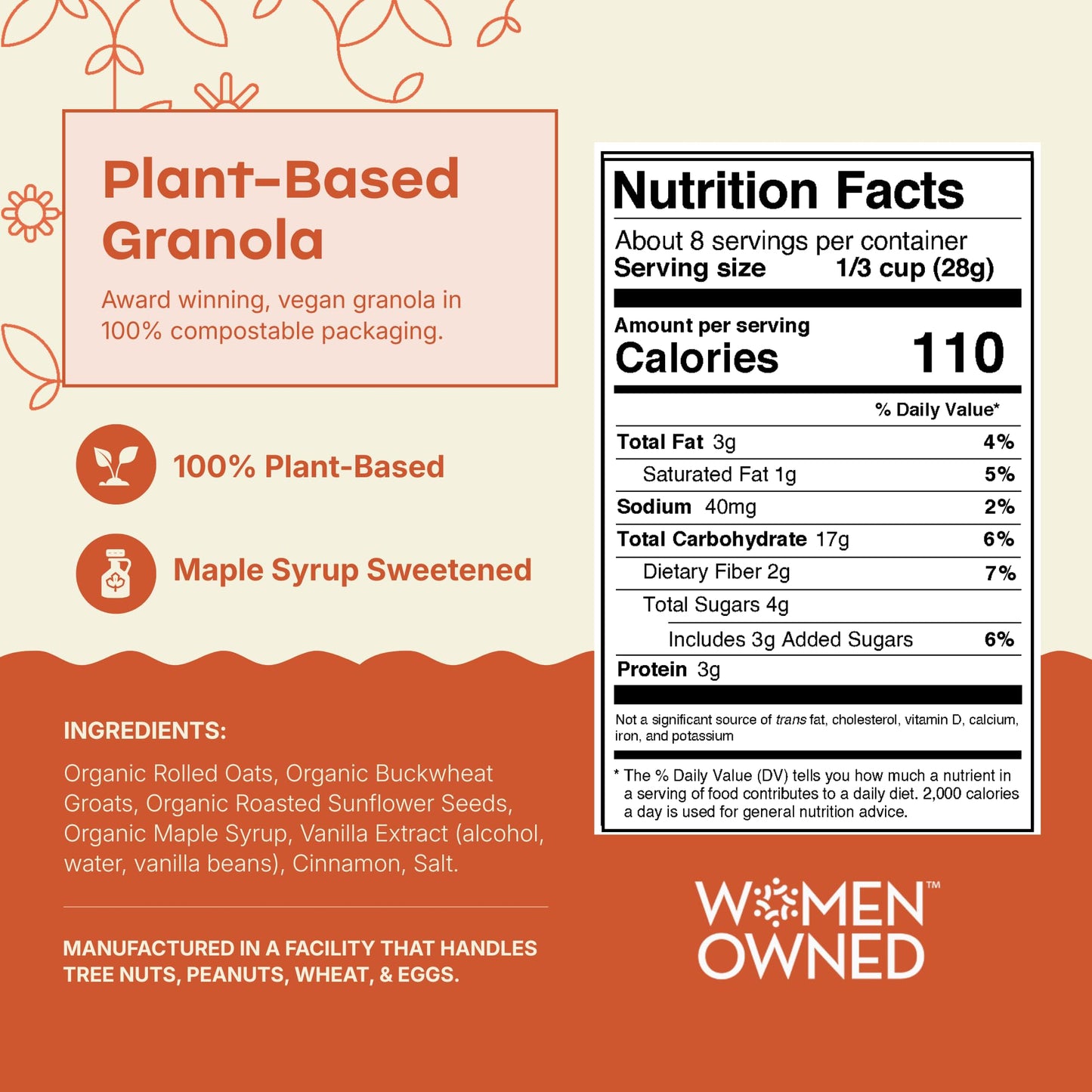 Rooted Living Sunbutter Granola, 8 Oz, Organic Rolled Oats and Sweetened with Maple Syrup, Healthy Vegan Snack, Topping, or Breakfast, Plant Based