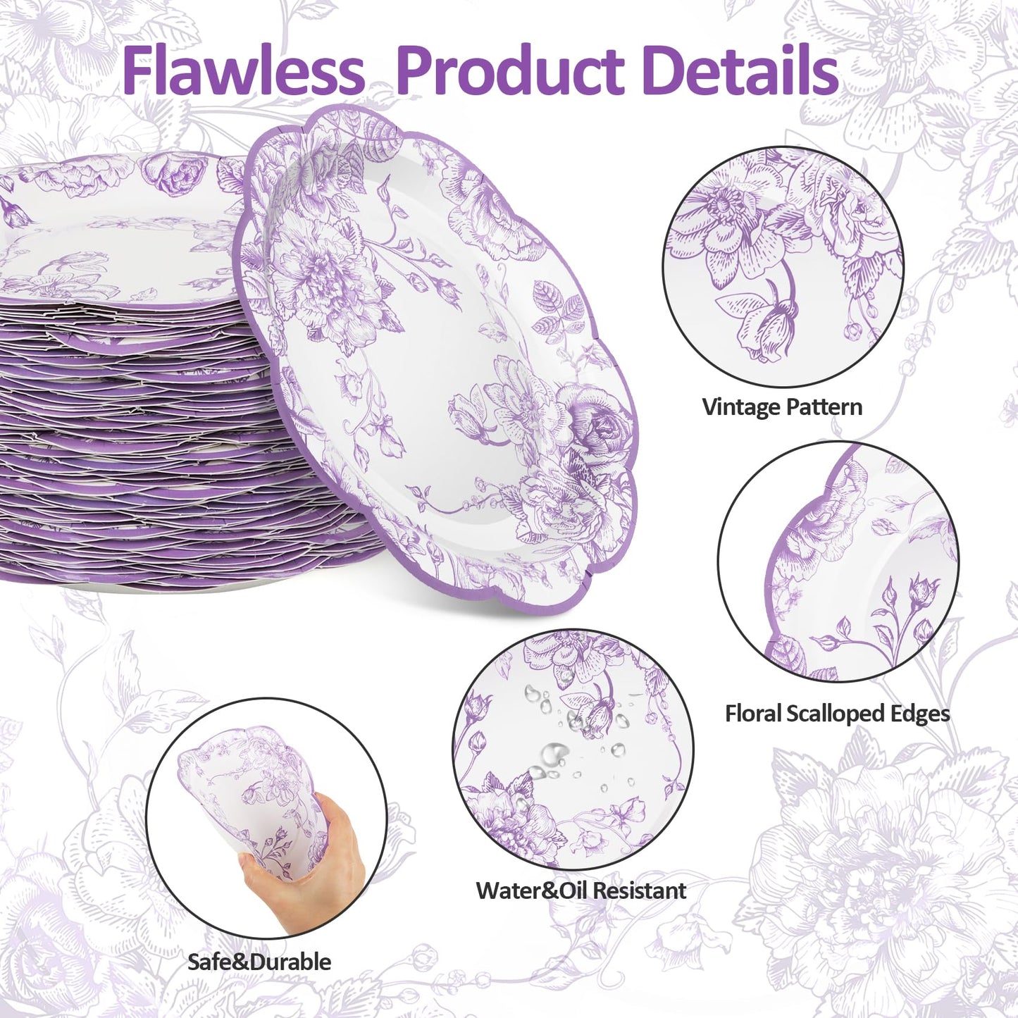CENLBJ 100 Pcs Lavender Flower Paper Plates,Disposable Floral Party Plates Scalloped Dessert Plate for Wedding Birthday Baby Showers & Special Events