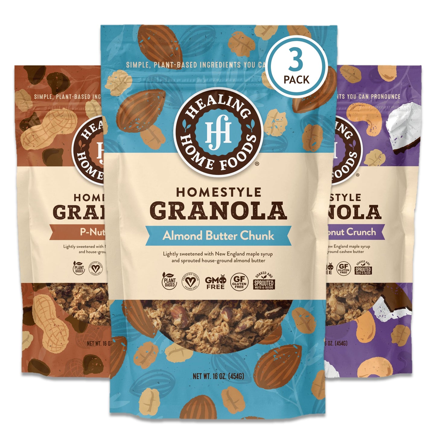 Healing Home Foods Variety P-Nutty Chip, Almond Butter Chunk, Cashew Coconut Crunch, Gluten Free Granola Mix, Low Sugar Granola Clusters, Vegan